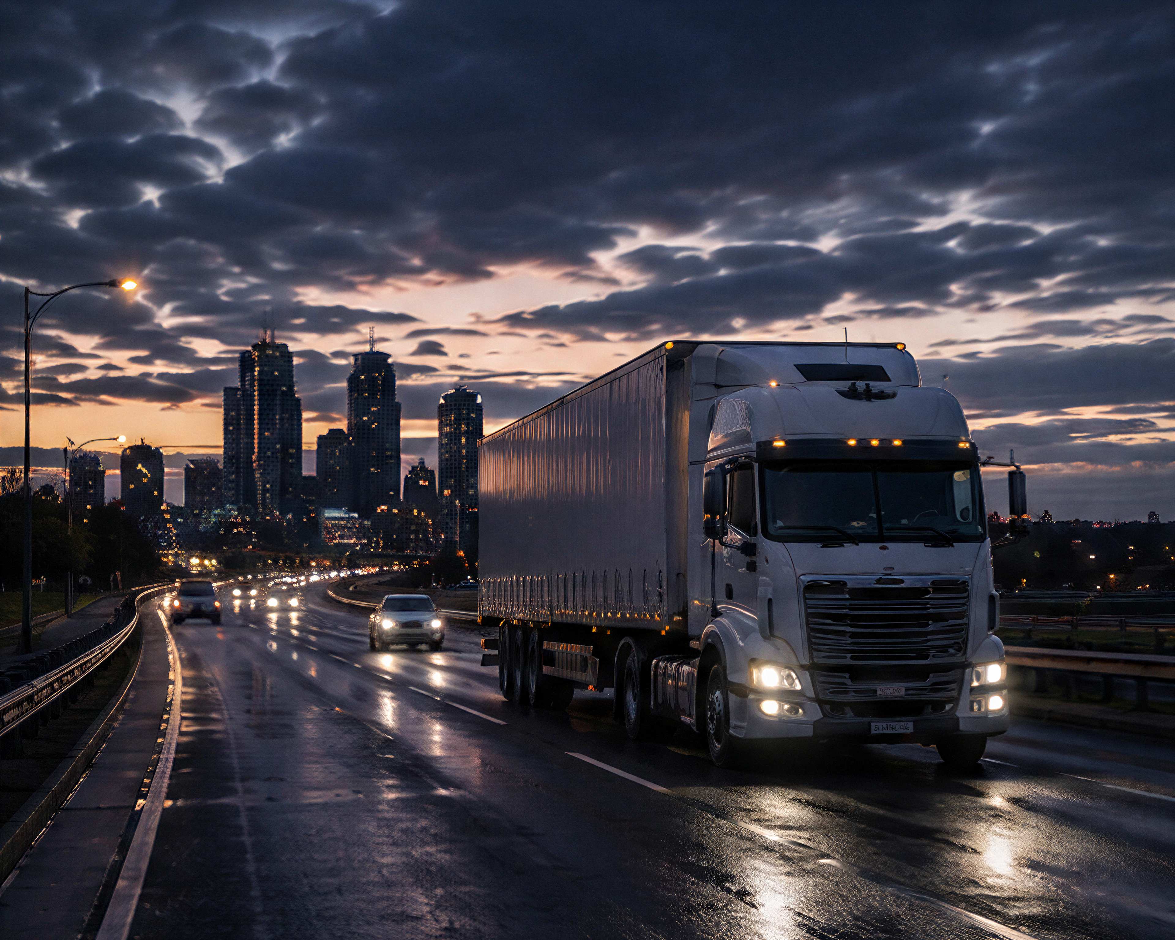 Photograph: a prime mover on a highway at dusk. Dark and cool, no text in the artwork.