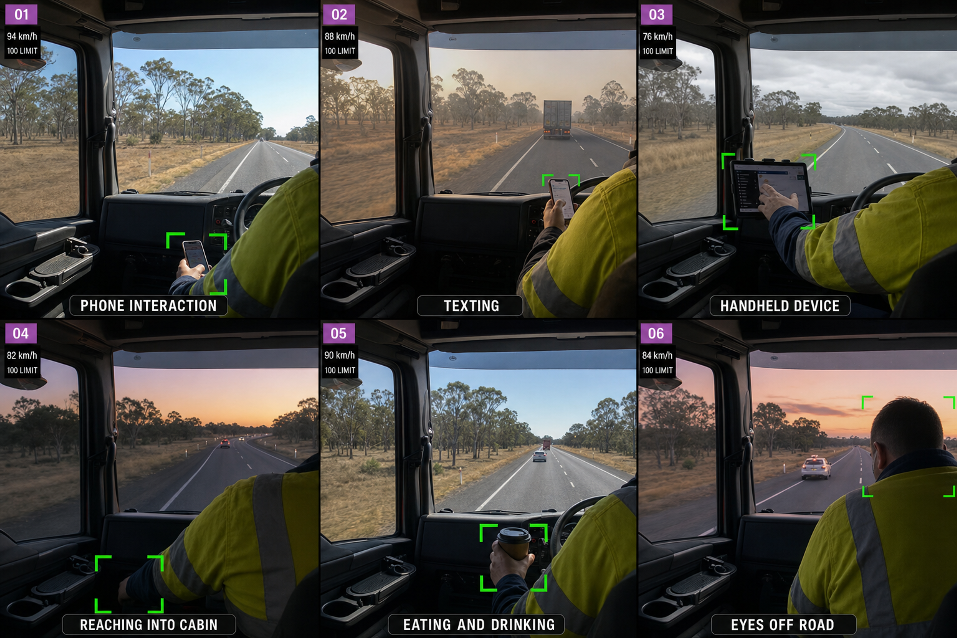 The six supported distraction behaviours as in-cab camera stills: phone interaction, texting, other handheld device, reaching into the cabin, eating and drinking, and eyes off road. 4:3, dark UI.