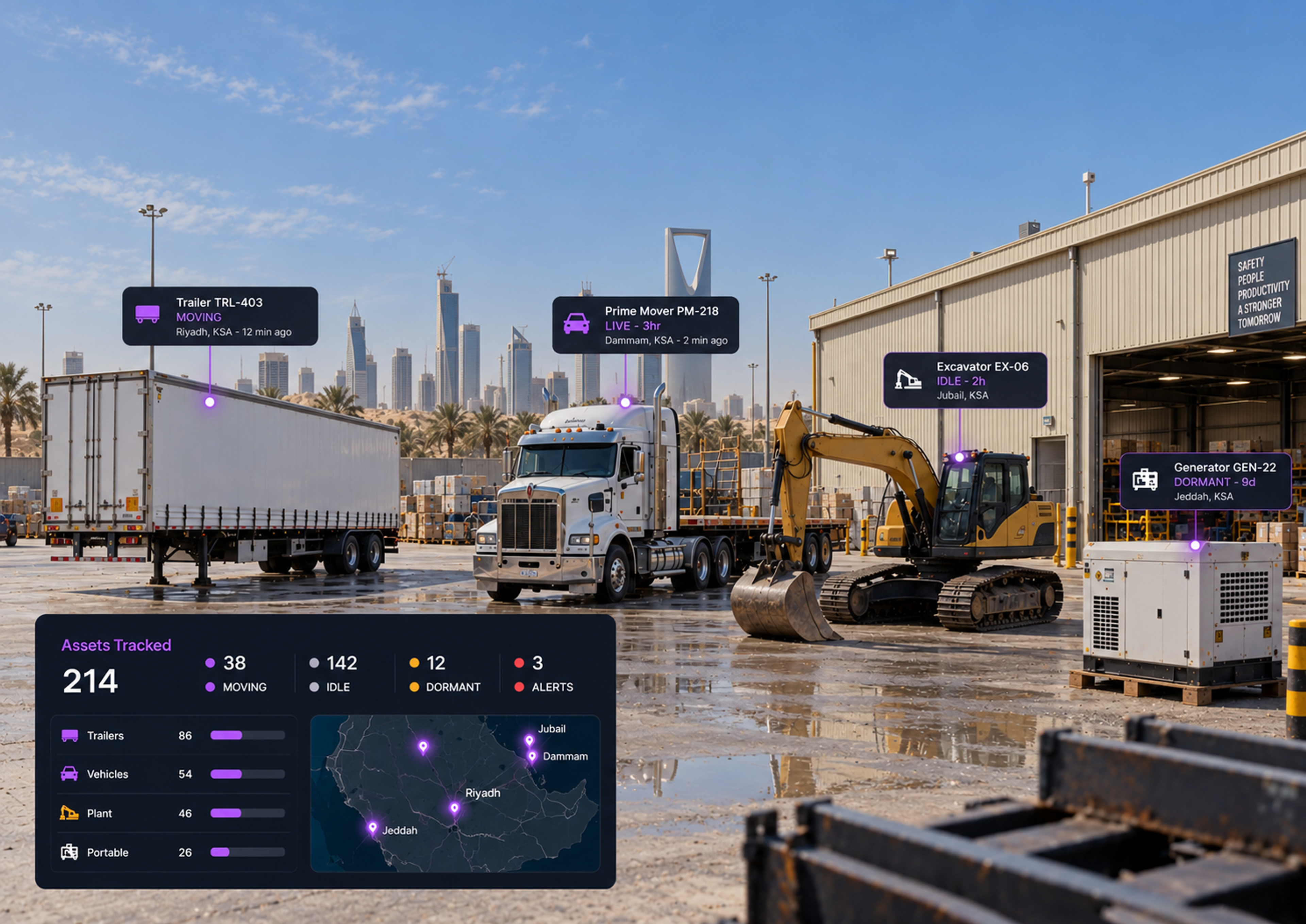 Vision360 asset tracking console: the counters for assets tracked, moving, dormant and alerts, the map with asset pins across vehicles, trailers and plant, and the asset list with last-seen times and battery levels. 4:3, dark UI, 2000x1500.
