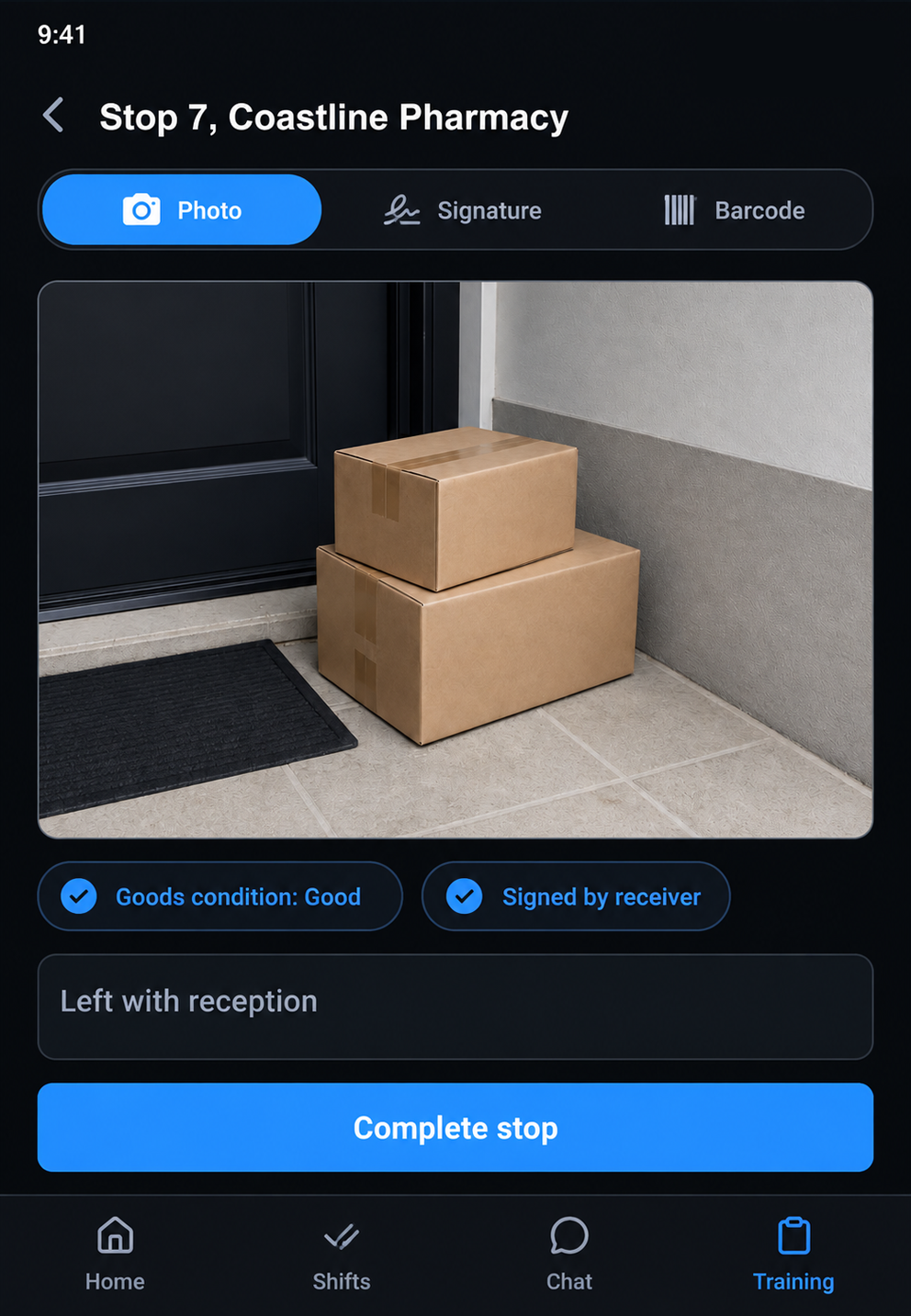 Driver app proof capture: photo, signature and barcode tabs with a captured image and an optional note, above the complete stop action. Portrait handset, 9:13 crop.
