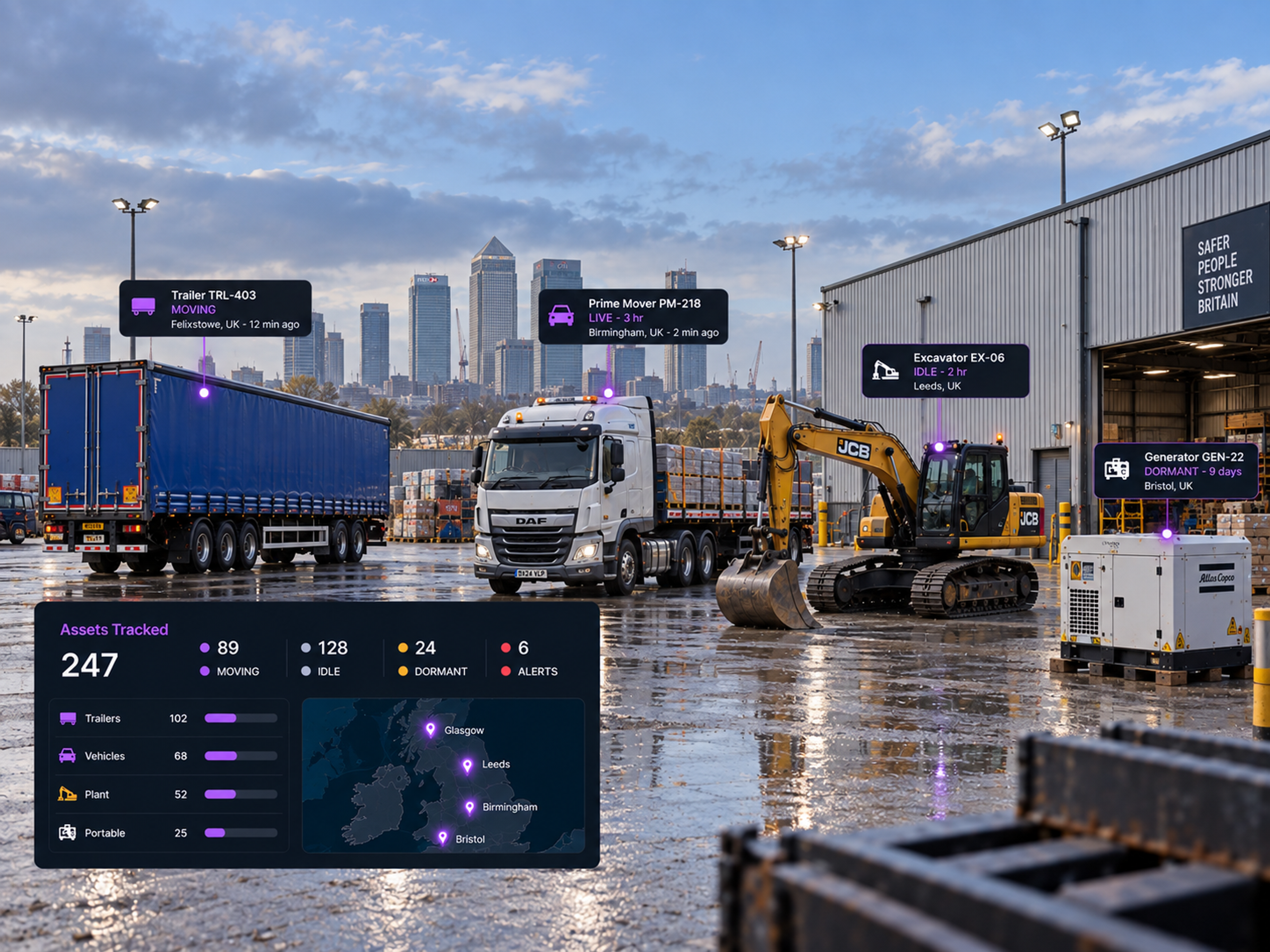 Vision360 asset tracking console: the counters for assets tracked, moving, dormant and alerts, the map with asset pins across vehicles, trailers and plant, and the asset list with last-seen times and battery levels. 4:3, dark UI, 2000x1500.