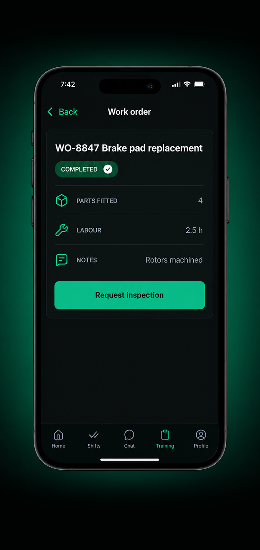 Drive360 app: repair completed with parts and time logged