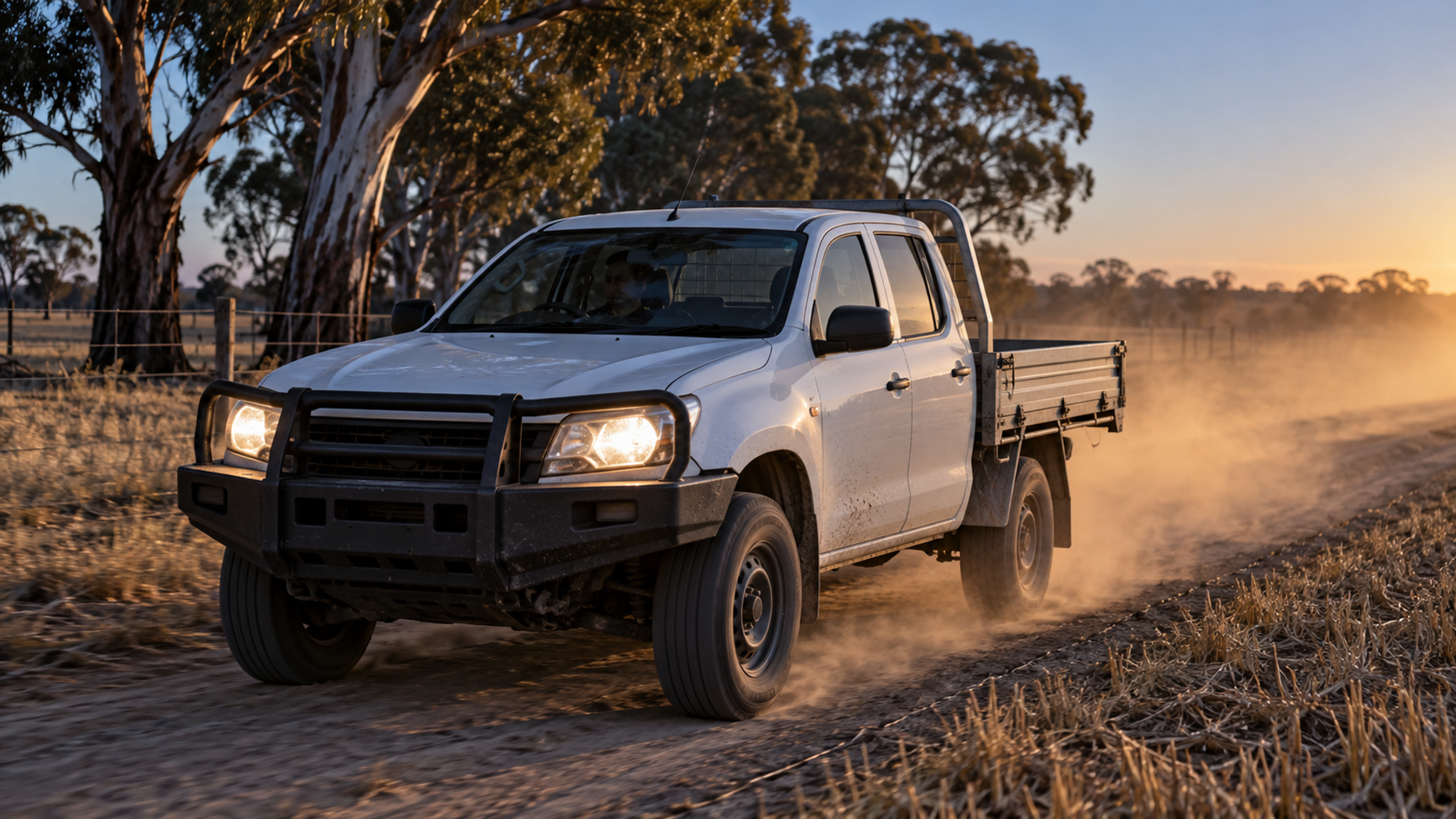 Editorial image: a farm track at first light with a ute on it. No text in the artwork.