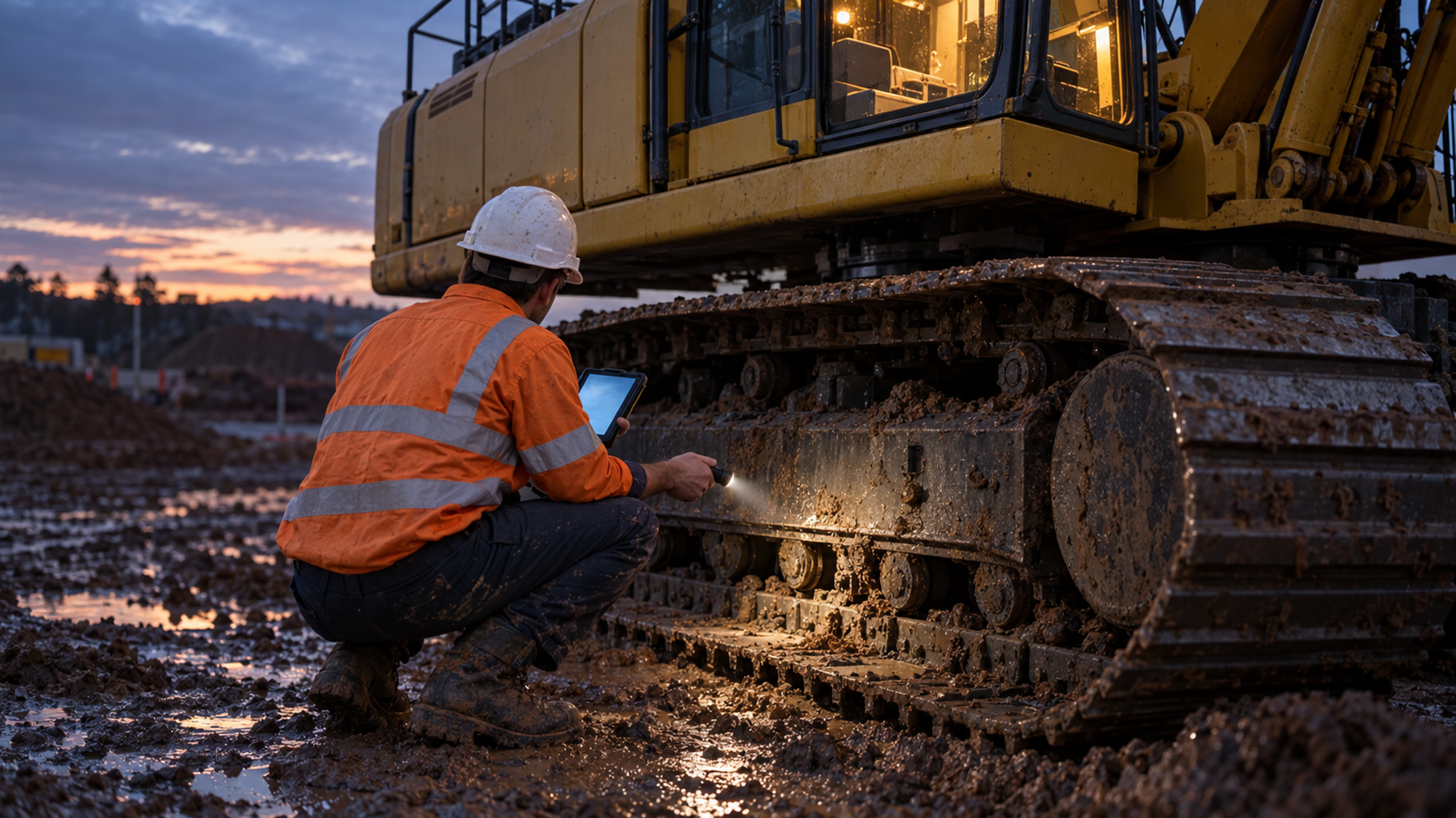 Editorial image: an operator walking a machine at dawn. No text in the artwork.