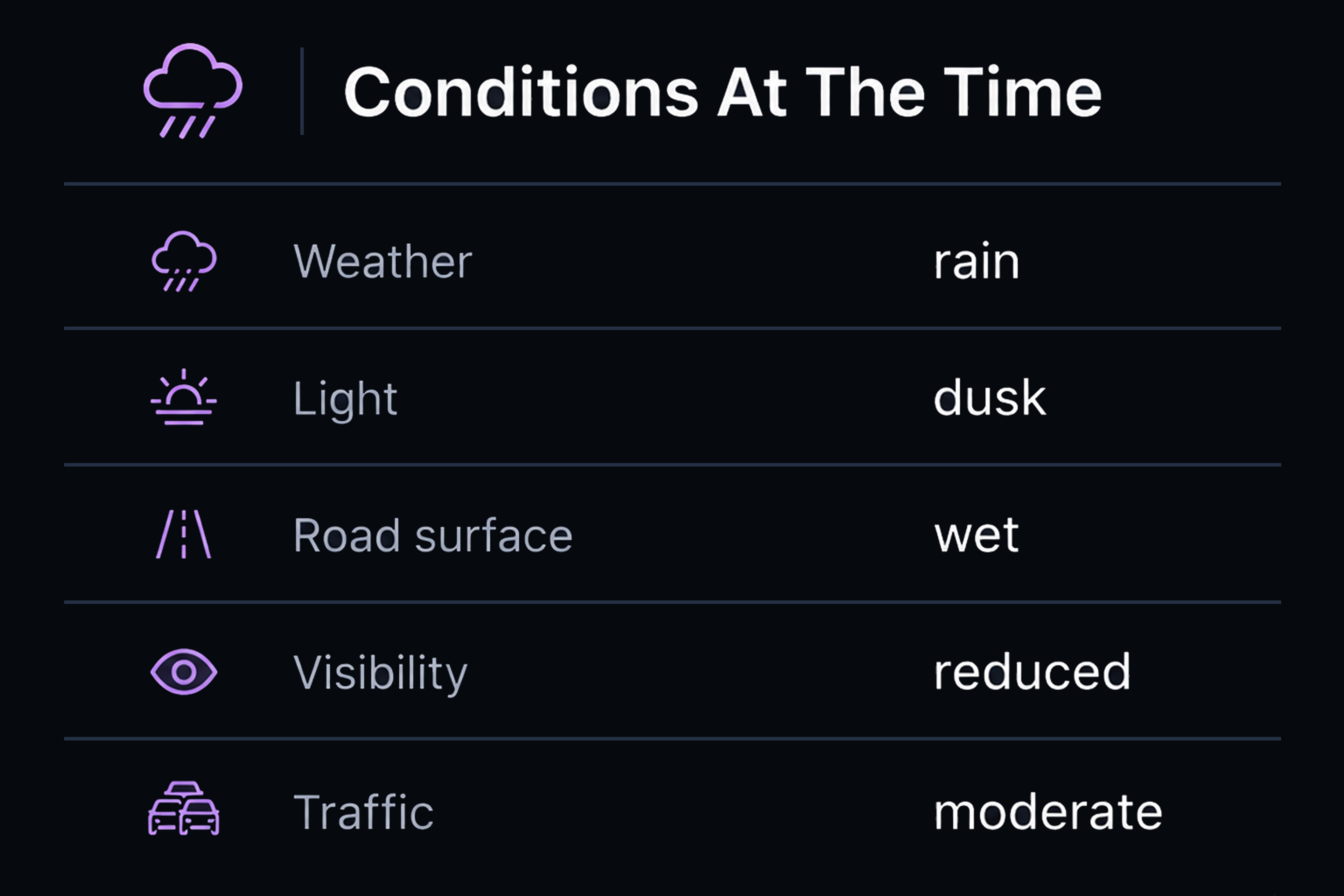 Environmental context panel listing the conditions at the time. 4:3, dark UI.