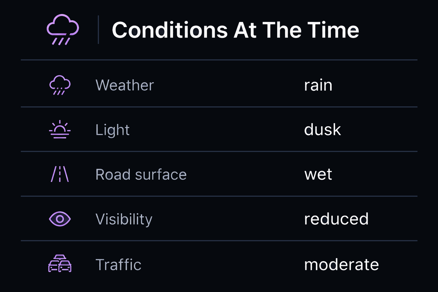 Environmental context panel listing the conditions at the time. 4:3, dark UI.