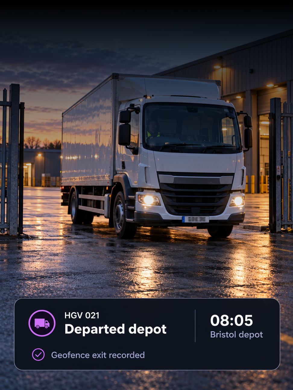 Photograph: UK depot yard at dawn, HGVs lined up. Portrait 3:4, cool light, room at the top for a heading, no text in the artwork.