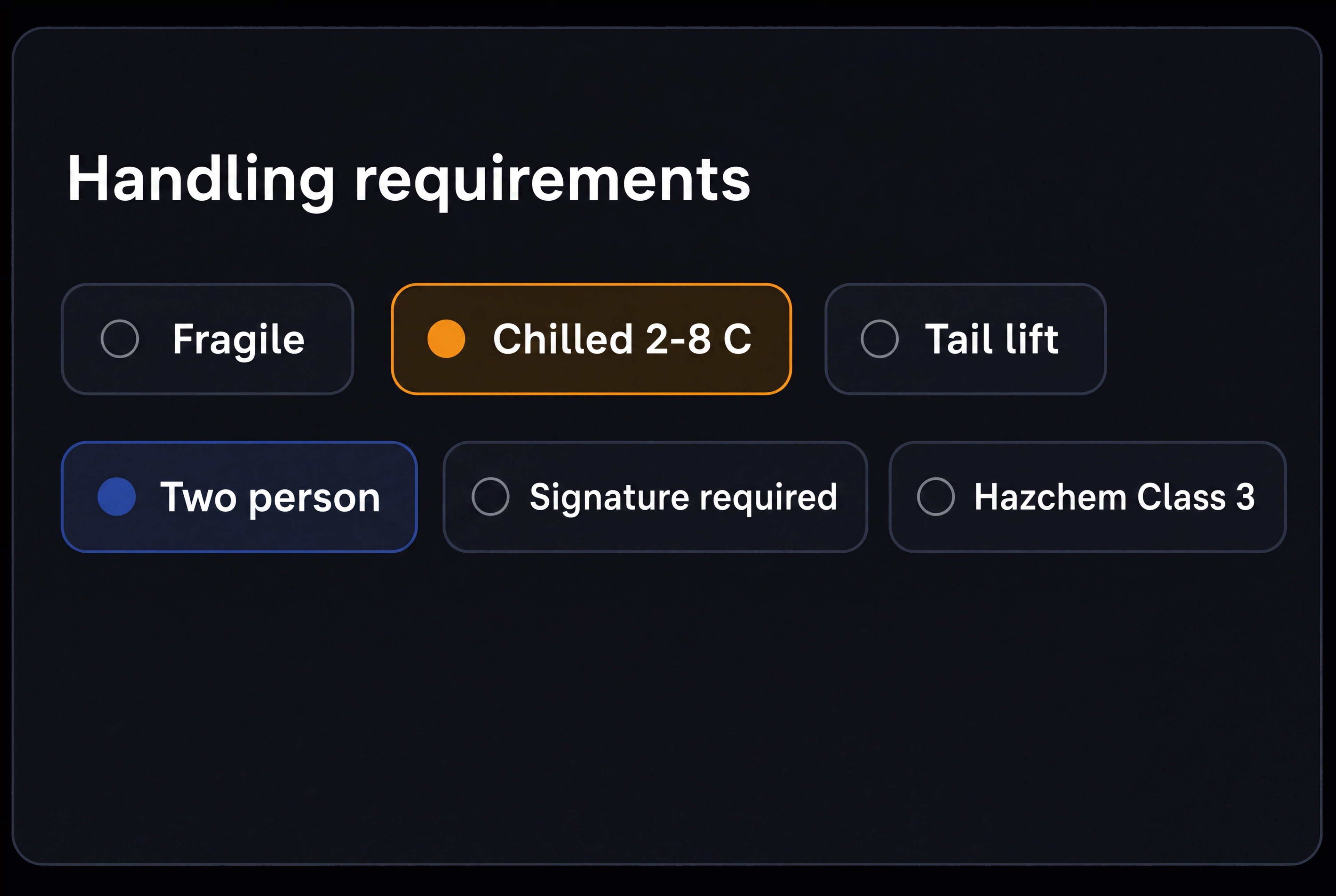 Handling requirement chips on a job. 4:3, dark UI.