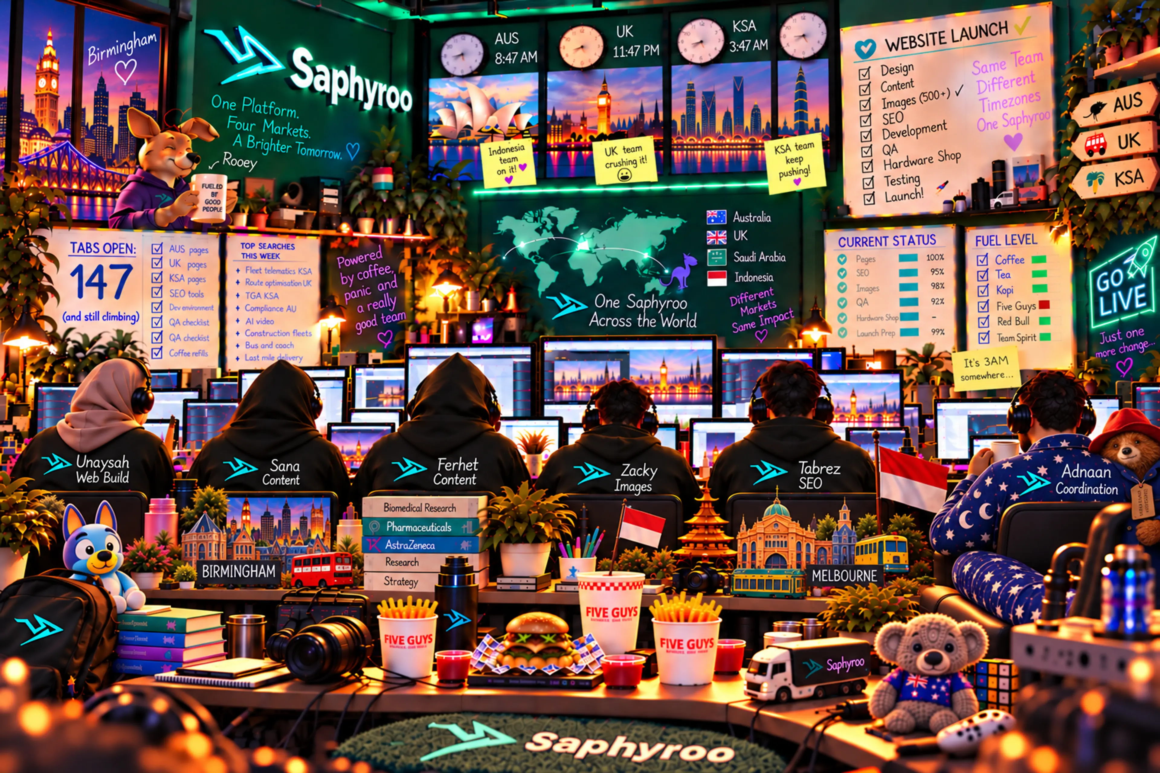 Illustration of the Saphyroo GTM crew in Saphyroo hoodies at their desks, under clocks for Australia, the UK and Saudi Arabia, with a website launch checklist on the wall