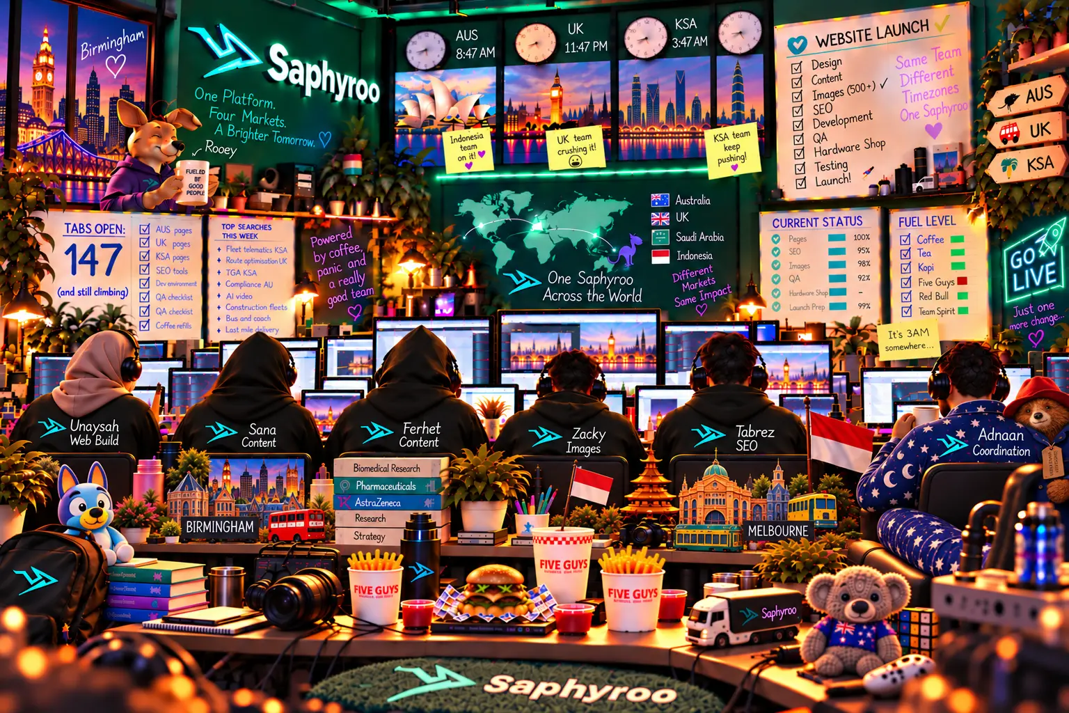 Illustration of the Saphyroo GTM crew in Saphyroo hoodies at their desks, under clocks for Australia, the UK and Saudi Arabia, with a website launch checklist on the wall