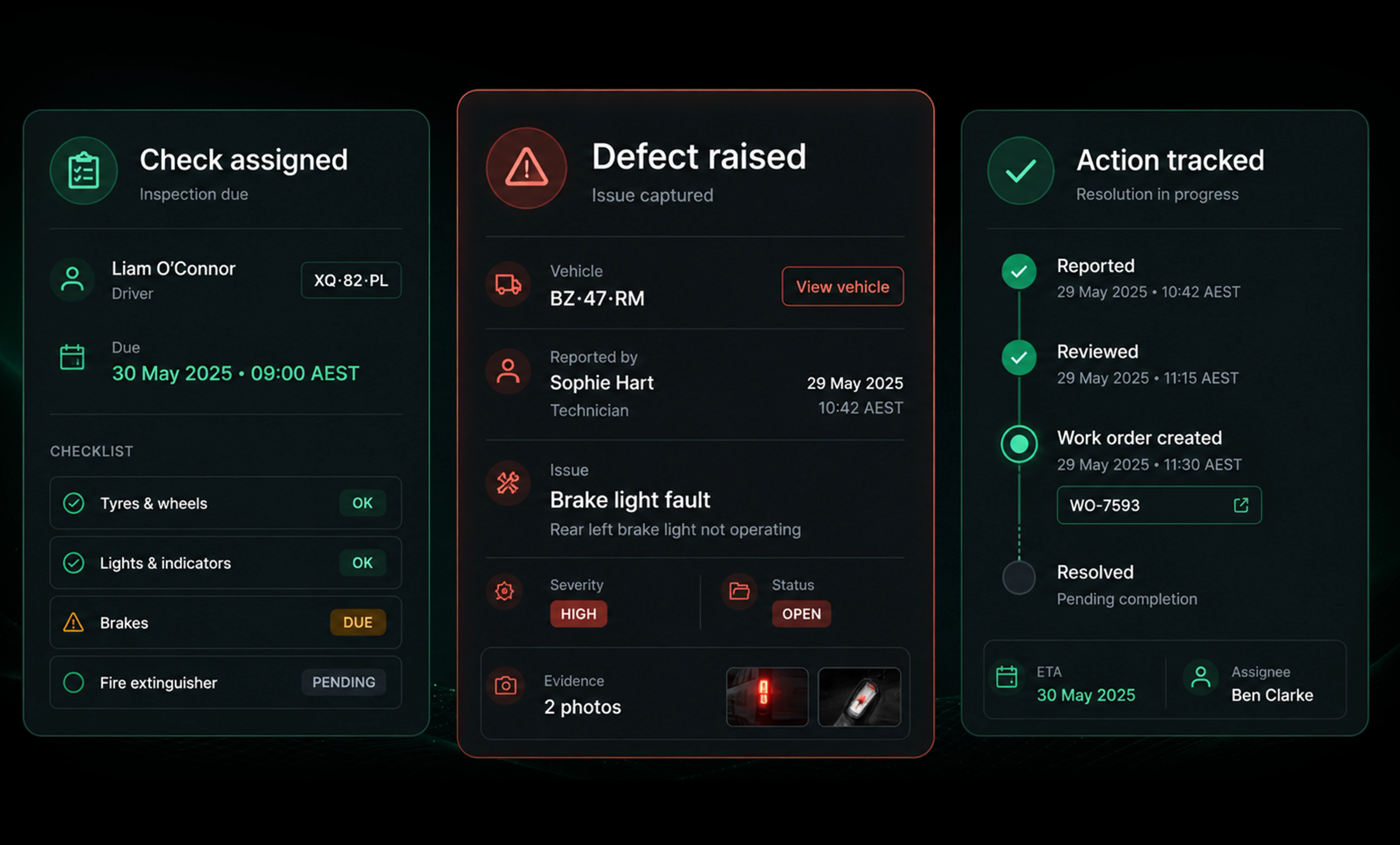 Drive360 compliance overview: drivers and vehicles compliant, requirements expiring soon, overdue items and open actions across the top, with a requirements table beneath