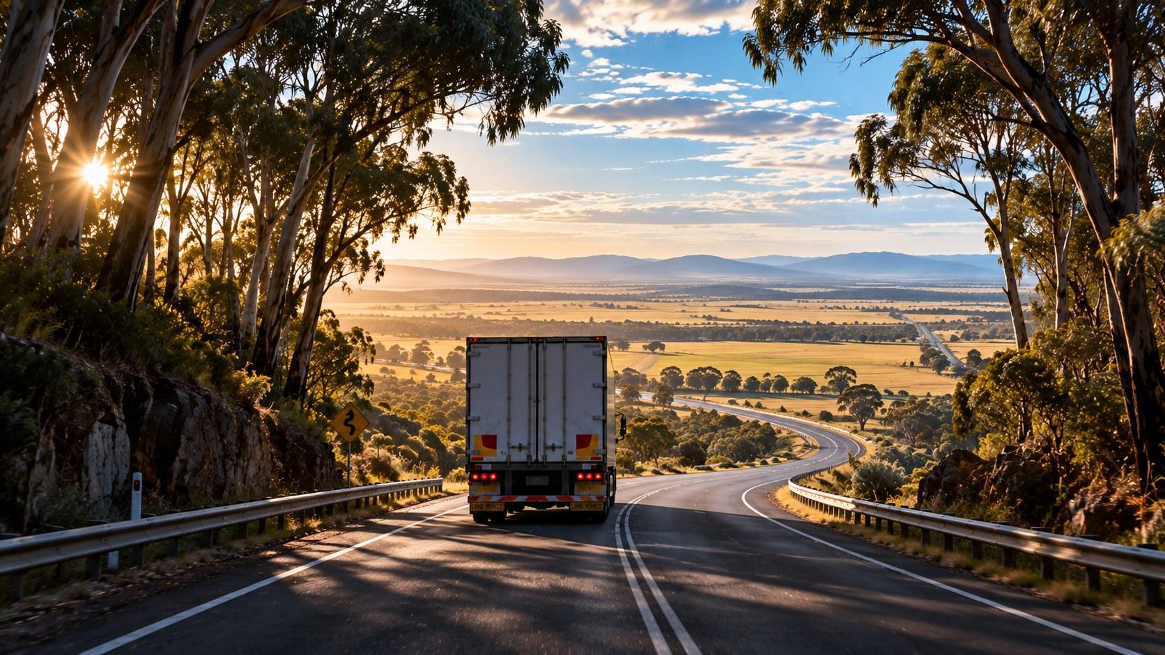 A truck on a winding Australian road at sunset