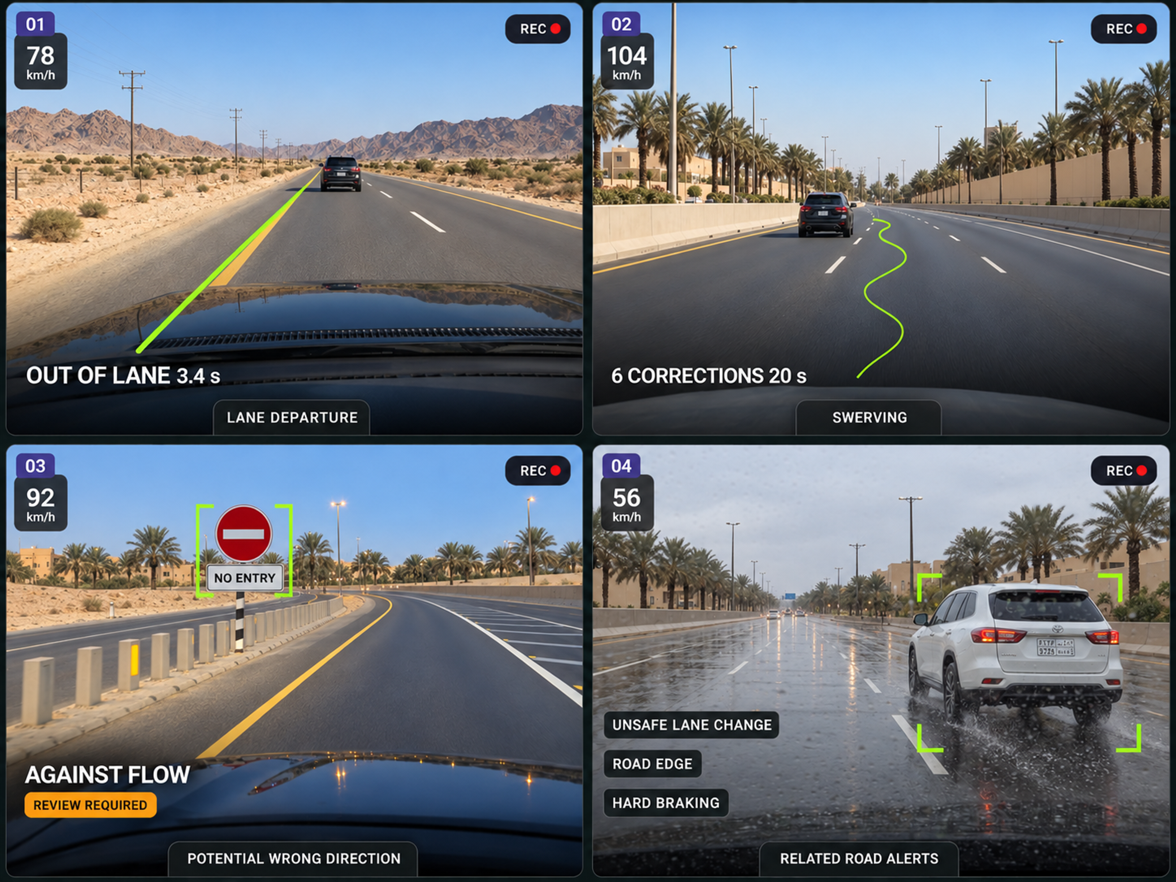 The four event types as road-facing camera stills: a vehicle crossing a lane line, a weaving path traced over a lane, a vehicle travelling against the flow, and a cluster of related road alerts. 4:3, dark UI.