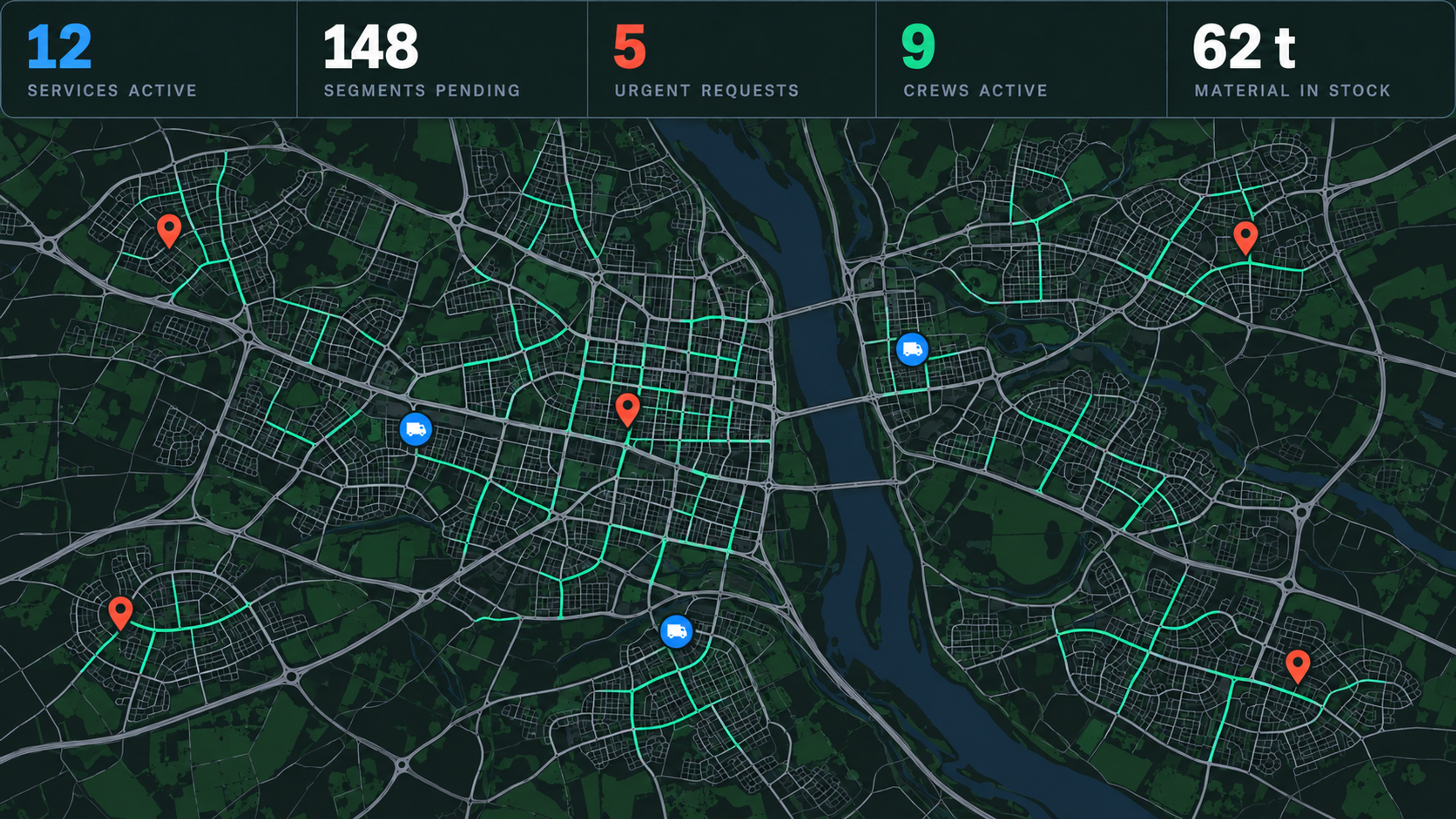 Control centre: service counters over the coverage map.