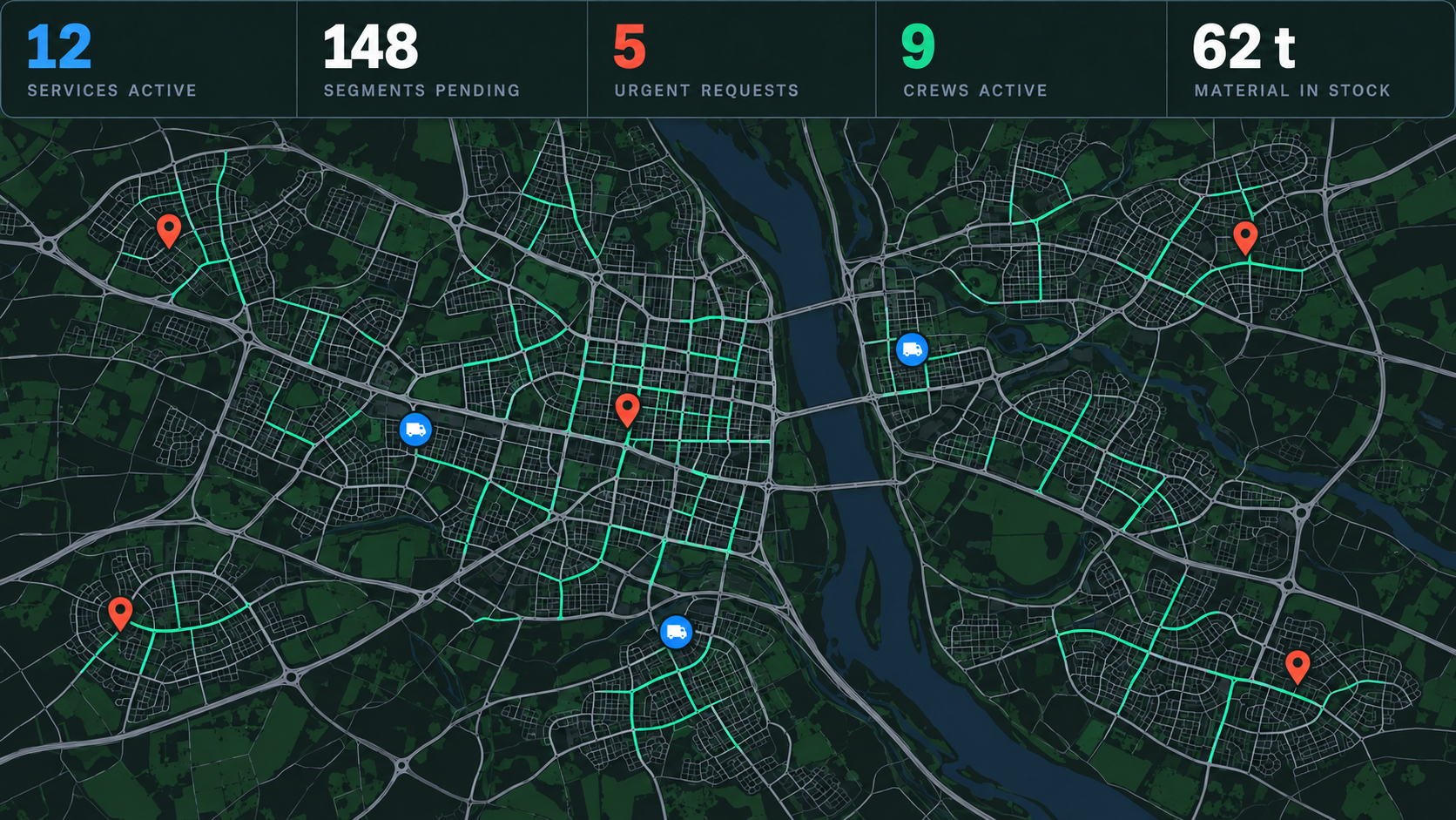 Control centre: service counters over the coverage map.