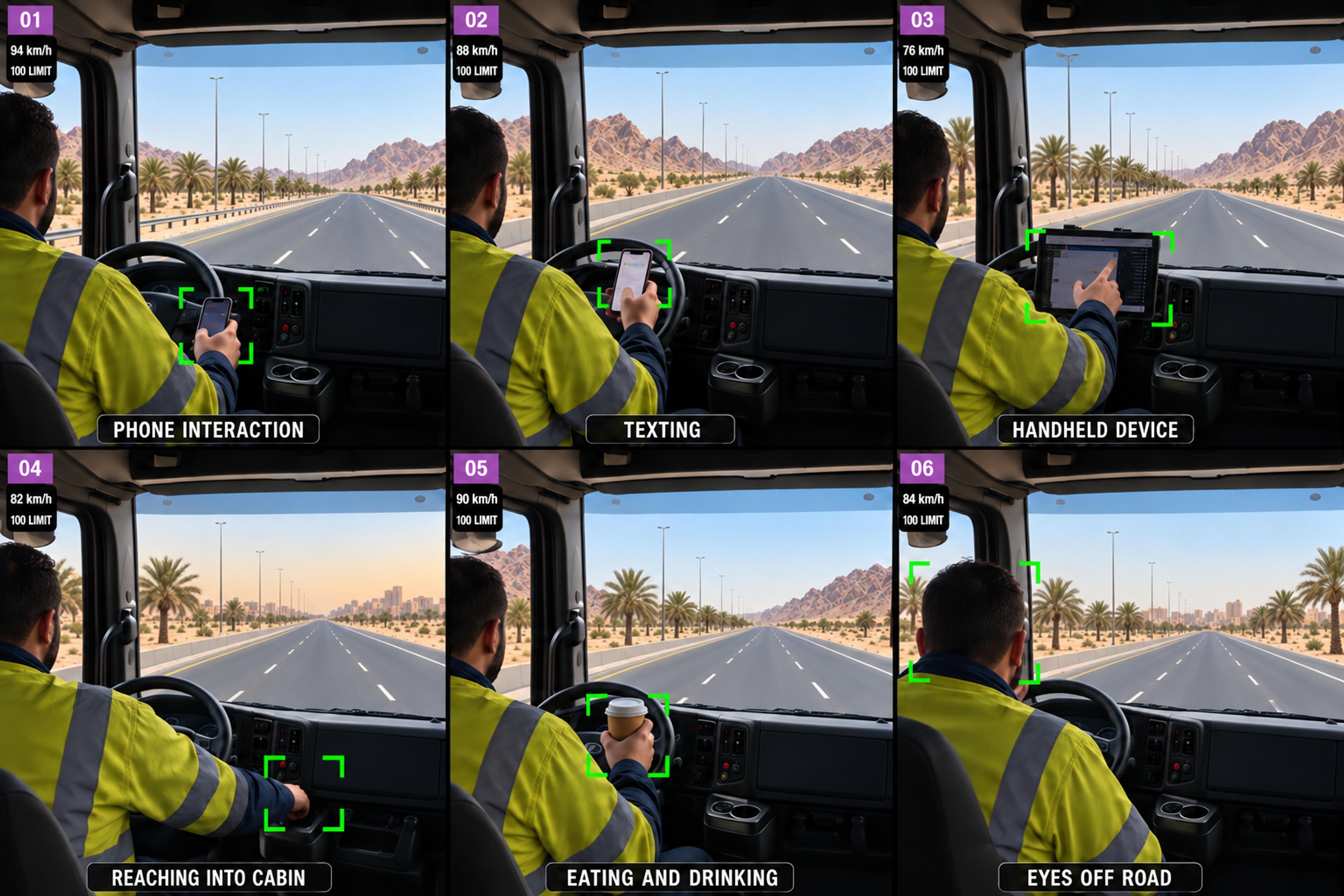 The six supported distraction behaviours as in-cab camera stills: phone interaction, texting, other handheld device, reaching into the cabin, eating and drinking, and eyes off road. 4:3, dark UI.