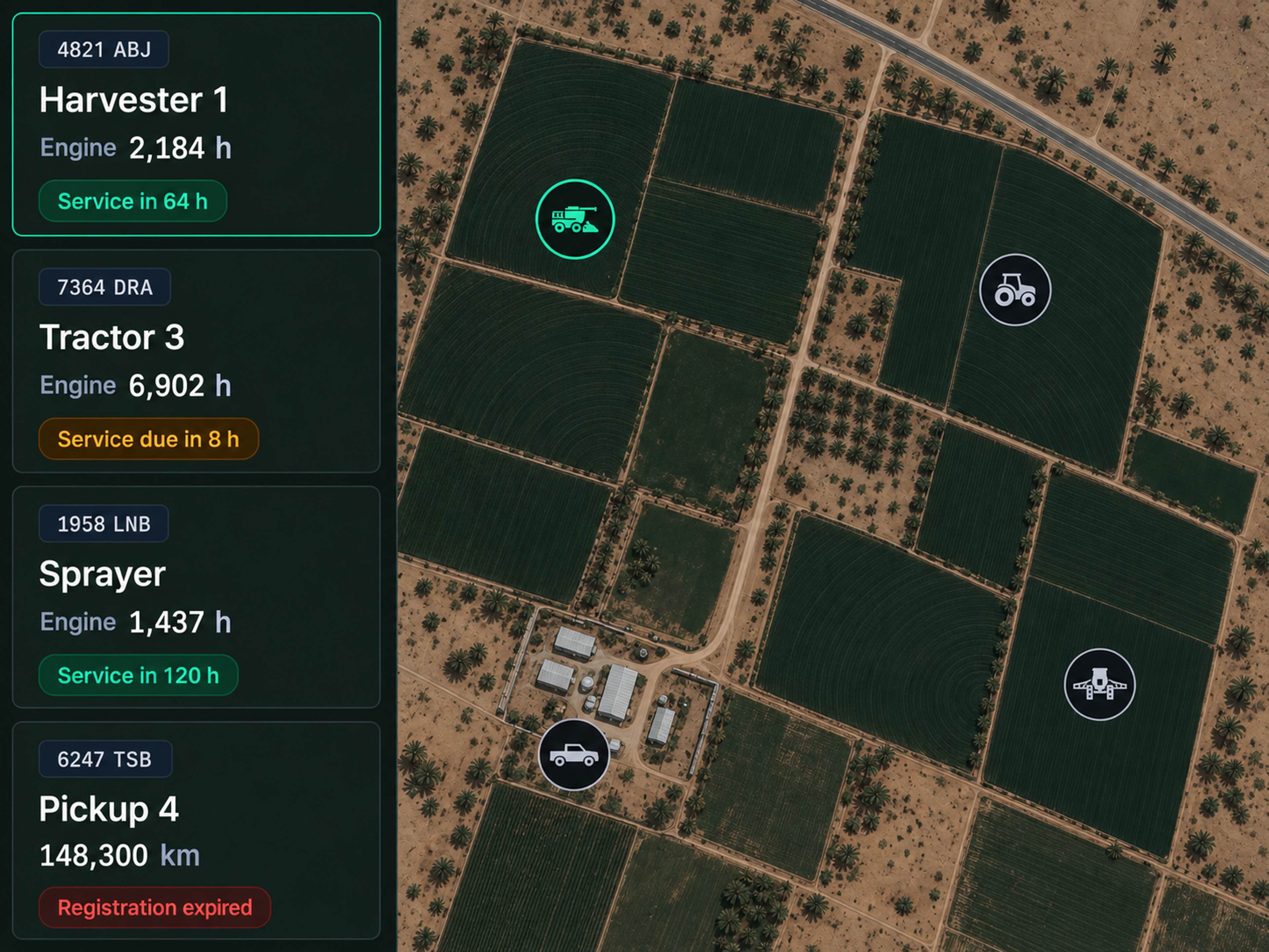 Drive360 machinery view: tractors, utes and implements on a property map with engine hours and service due beside each one.