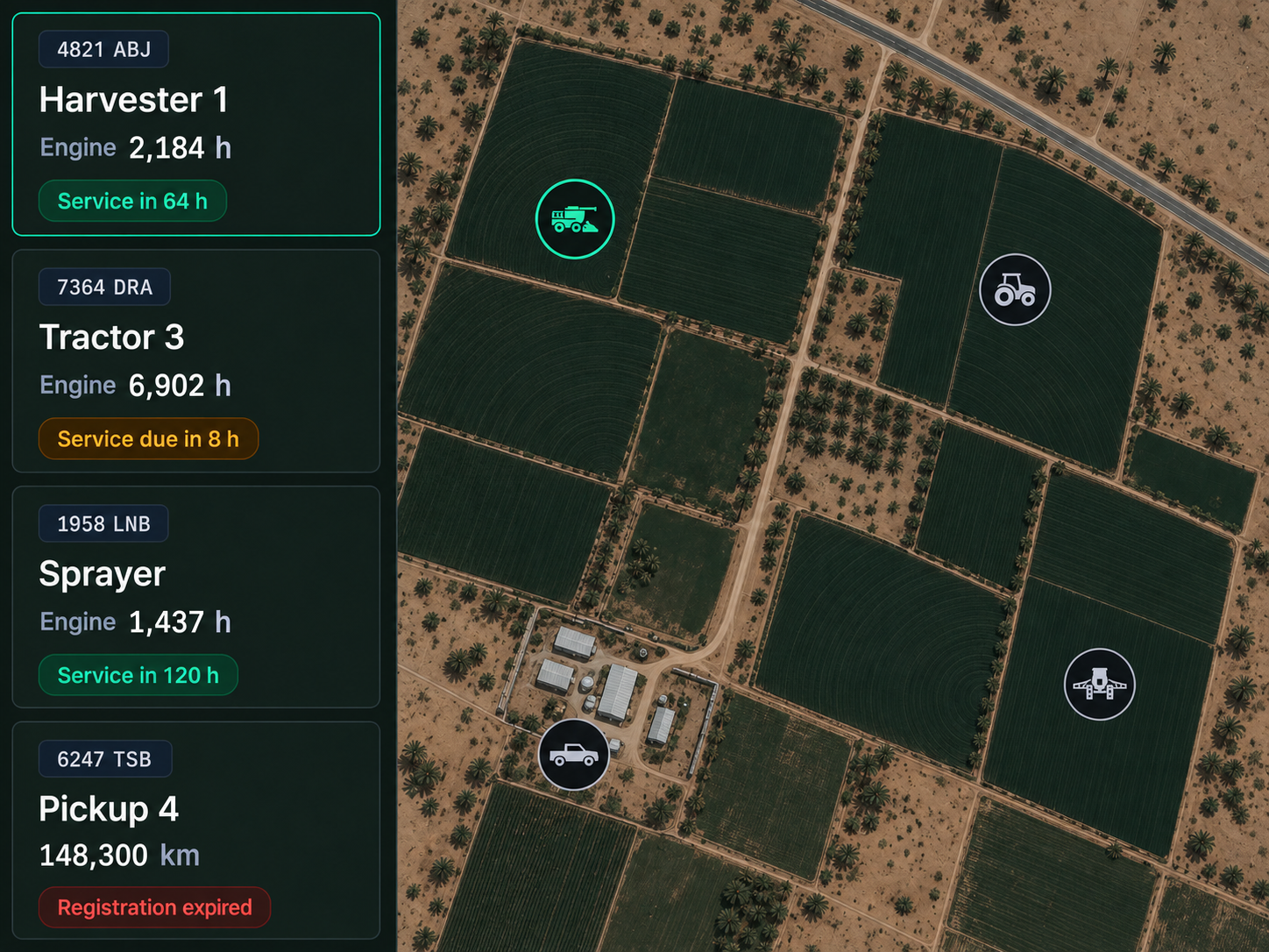 Drive360 machinery view: tractors, utes and implements on a property map with engine hours and service due beside each one.