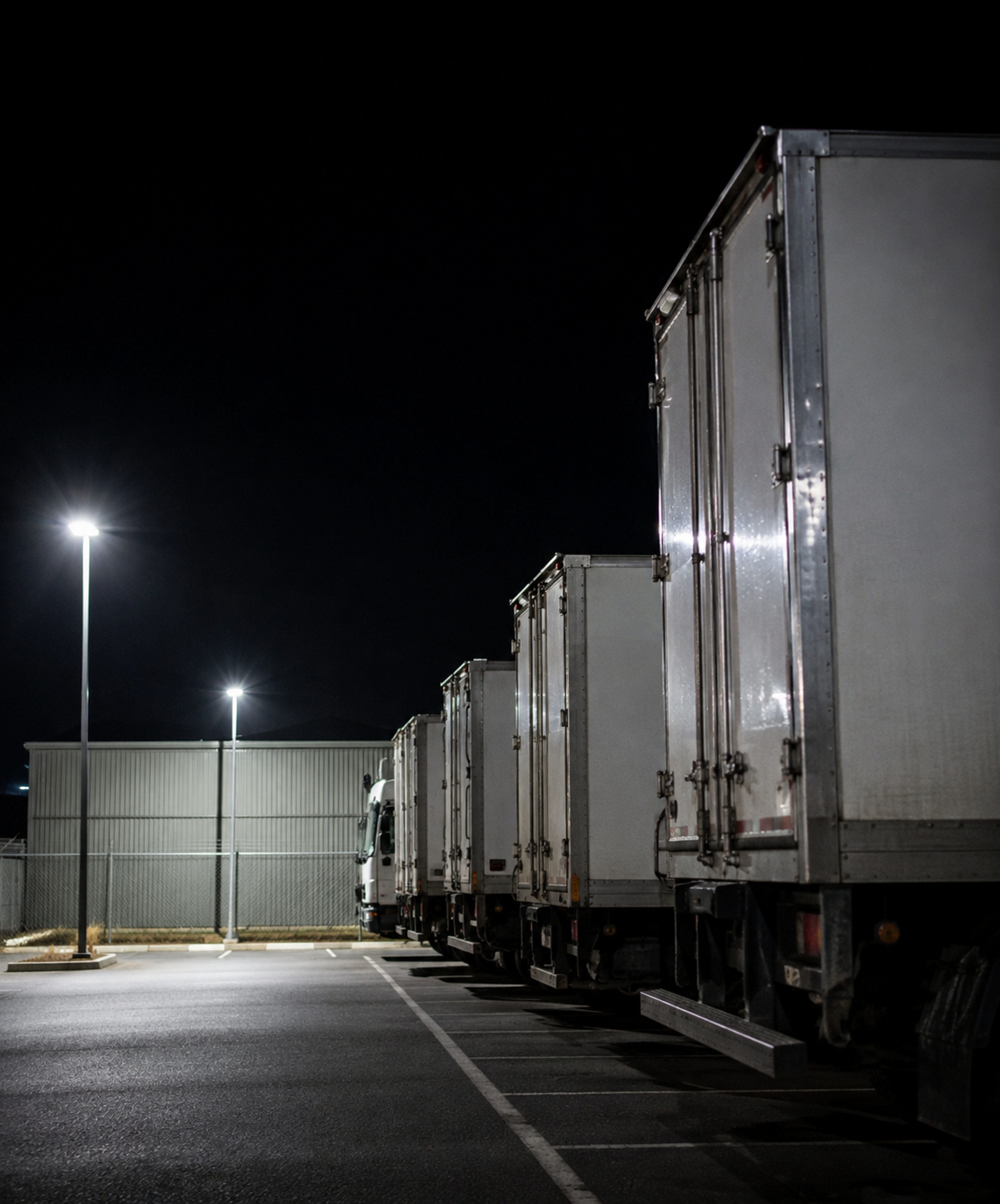 Photograph: a depot yard at night with vehicles under lights. Dark and cool, room at the top, no text in the artwork.
