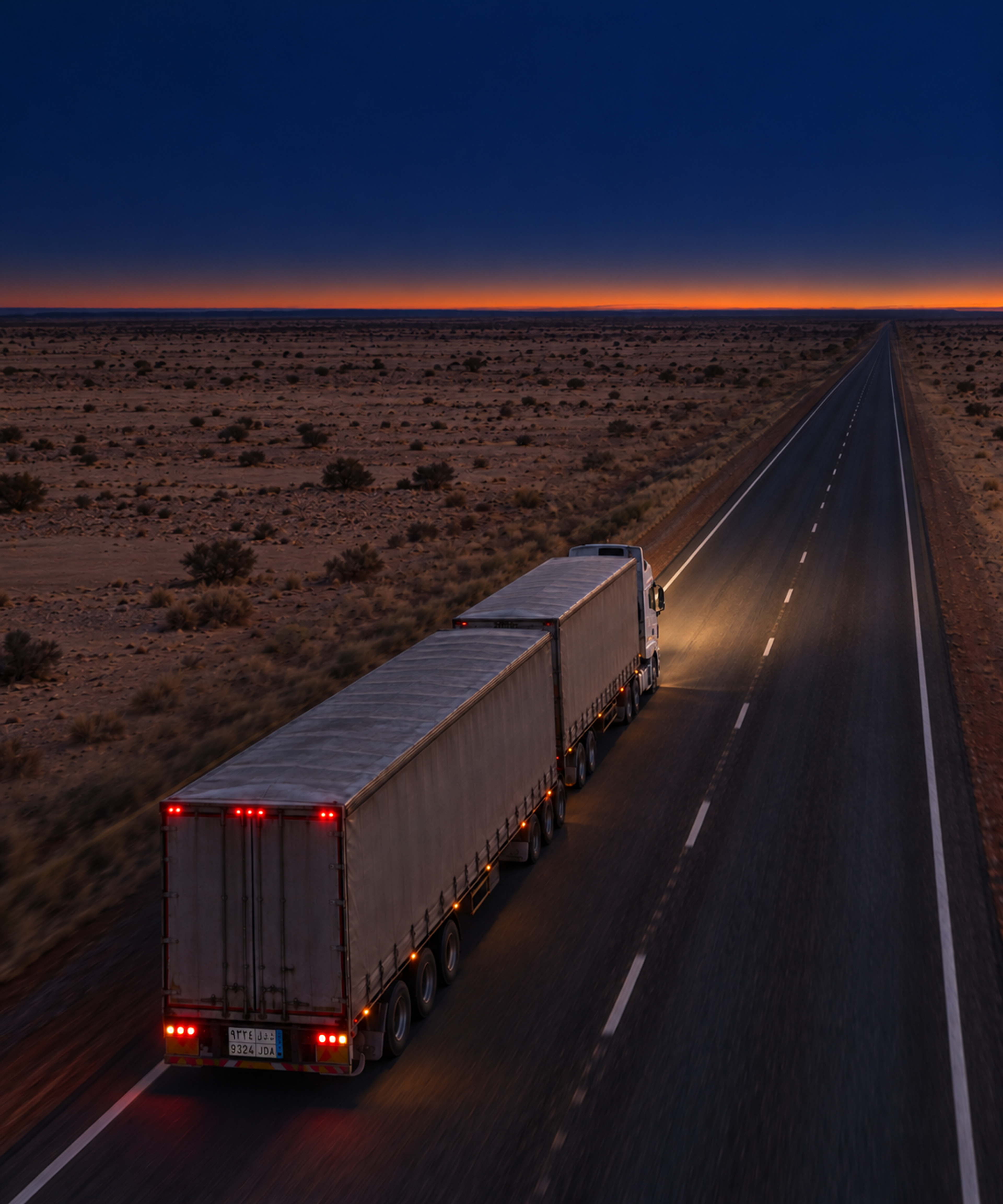 Photograph: a line-haul semi on an open highway at dusk, shot from height. Dark and cool, room at the top, no text in the artwork.