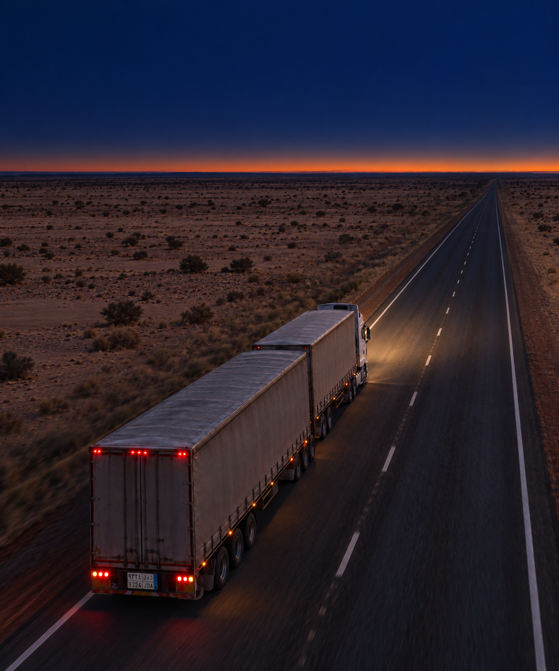 Photograph: a line-haul semi on an open highway at dusk, shot from height. Dark and cool, room at the top, no text in the artwork.