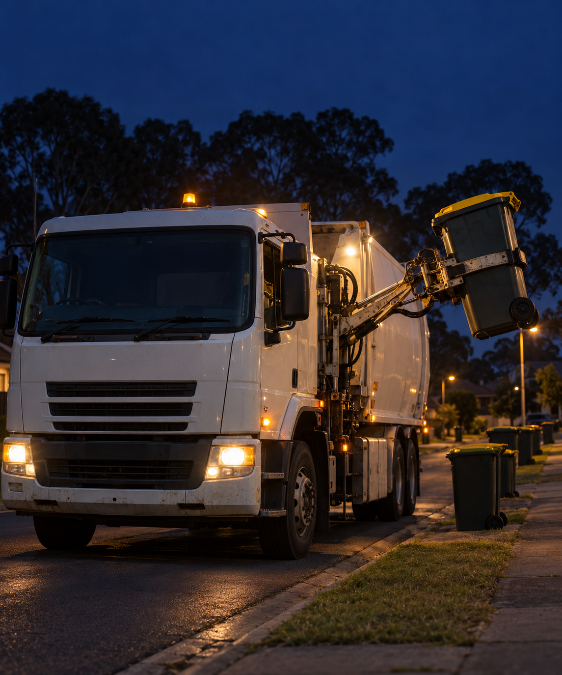 Photograph: a refuse truck on a residential street at dawn. Dark and cool, room at the top, no text in the artwork.