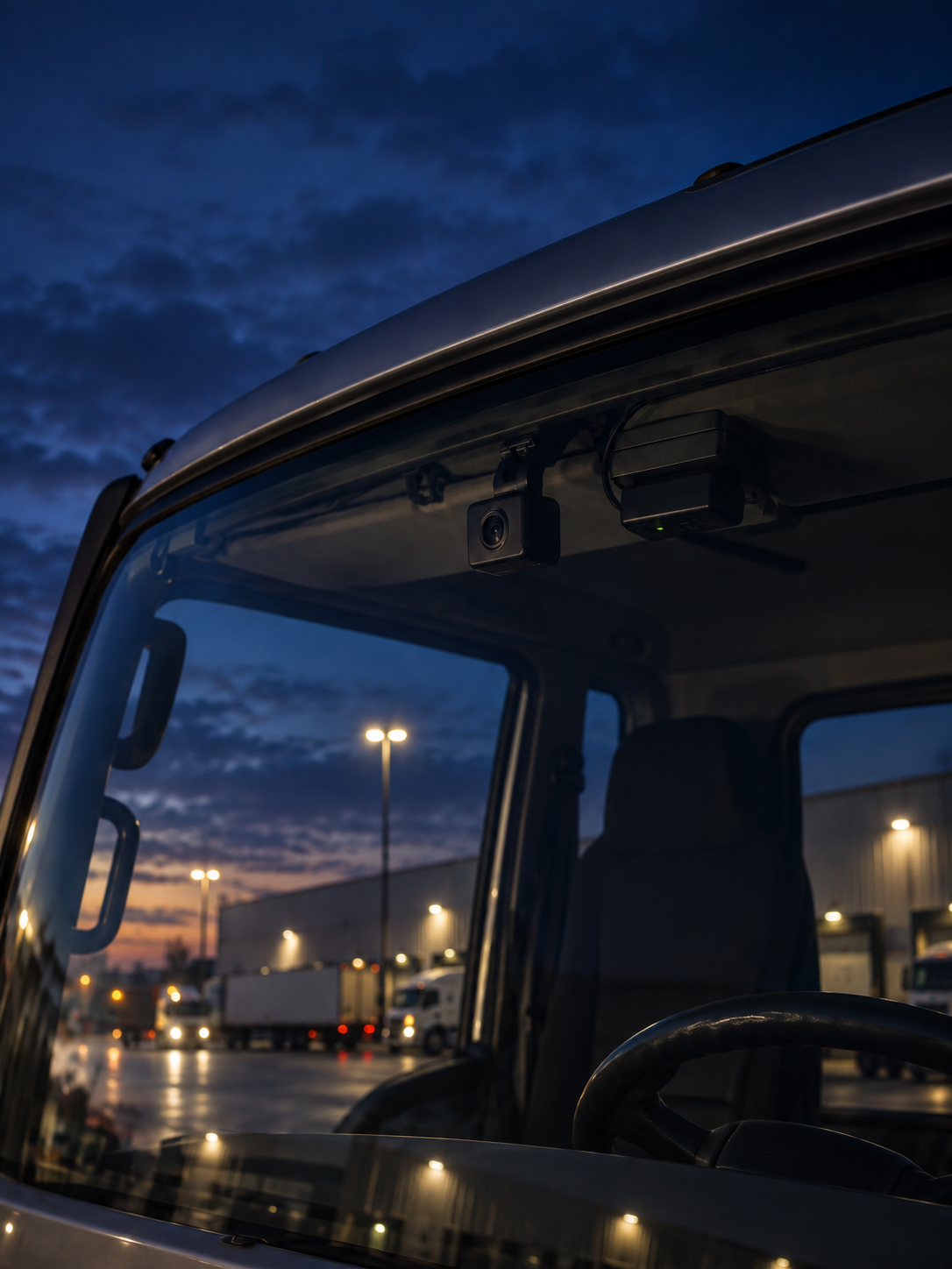 Photograph: an installed camera and telematics unit, close and quiet. Dark and cool, room at the top, no text in the artwork.
