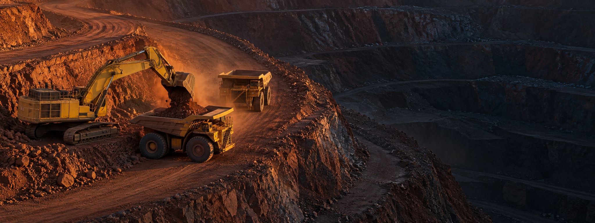 Haul trucks and an excavator working an open-cut bench at golden hour, shot from height. No visible manufacturer badges. Dark and cool enough for a panel to sit over the right third. No text in the artwork. 2400x900.