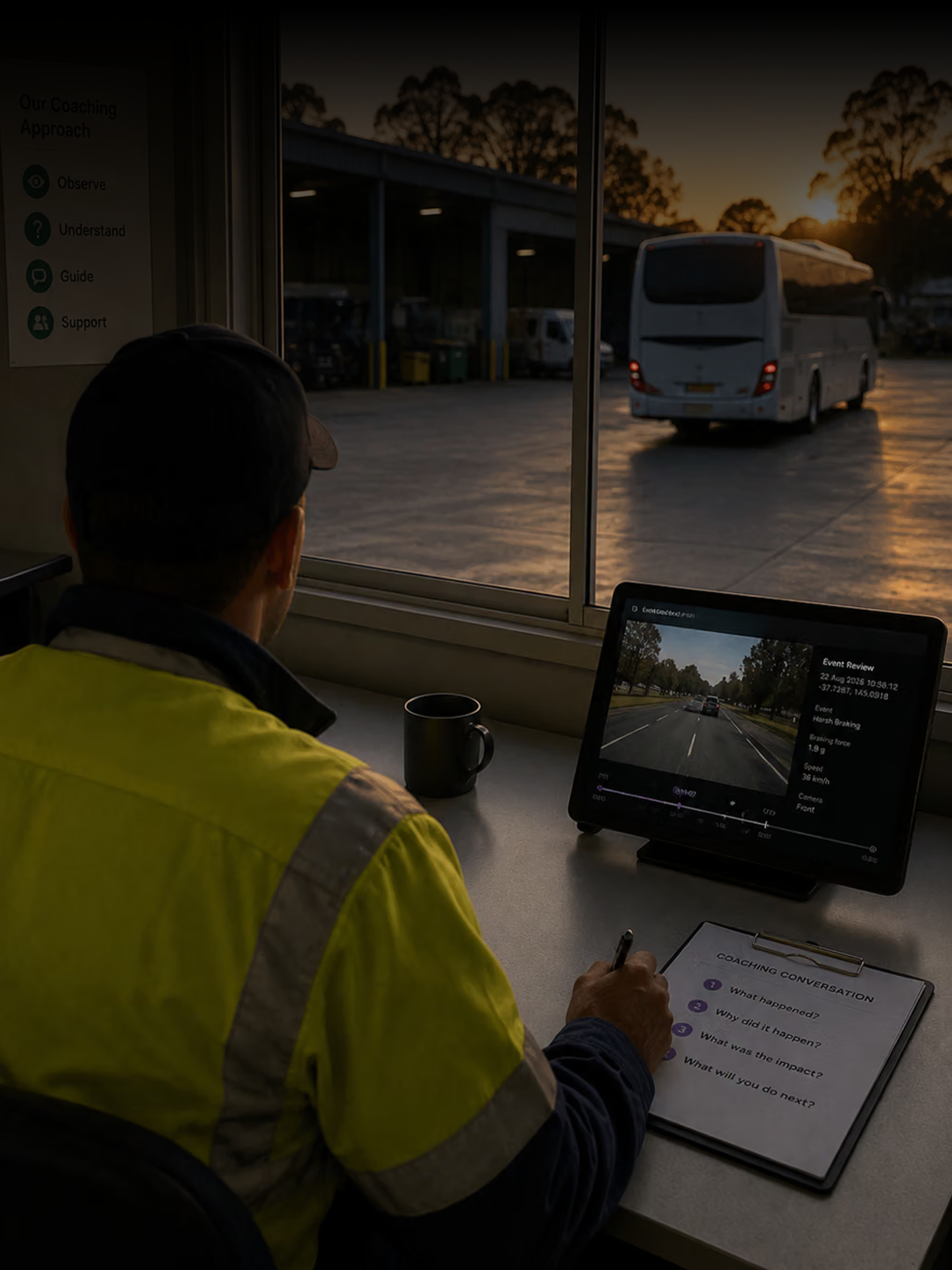 Photograph: a coach and a driver talking across a desk in a depot office. Portrait 3:4, dark and cool, room at the top for a heading, no text in the artwork.