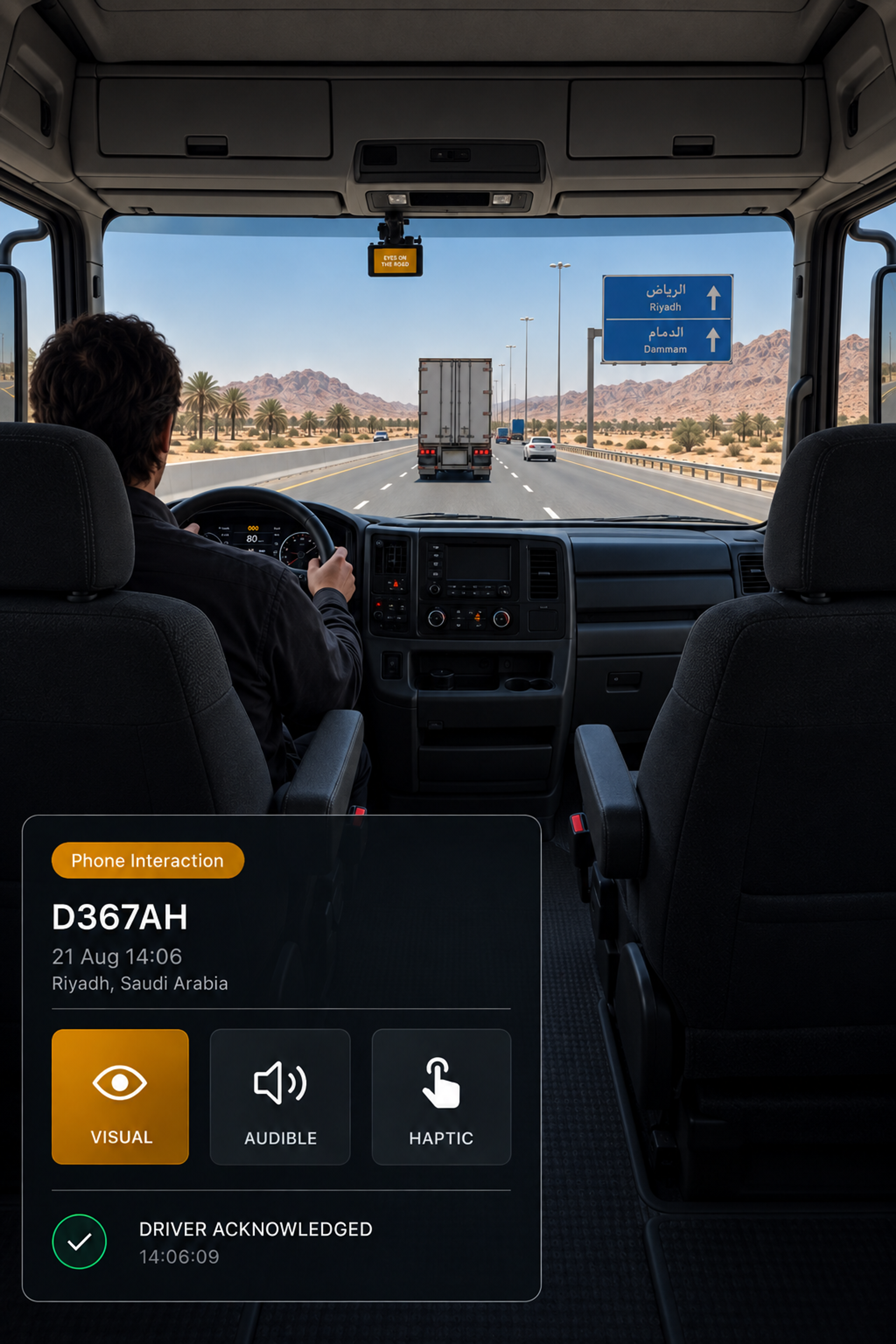 Photograph: a truck cab interior in daylight, the in-cab display lit on the dash, driver in frame from the side. Portrait 3:4, dark and cool, room at the top for a heading, no text in the artwork.