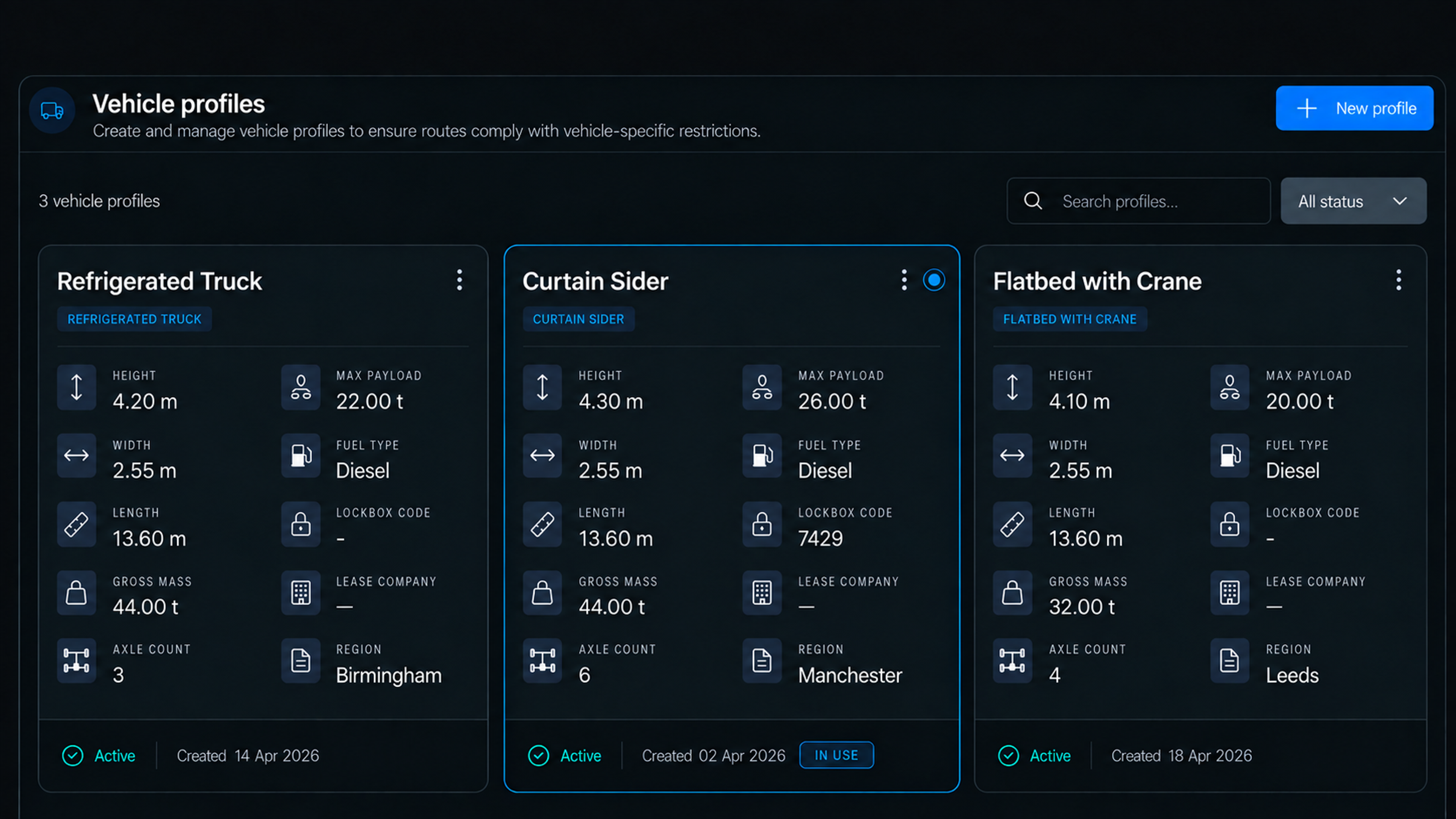 Vehicle profiles panel: coach, B-double and prime mover with trailer, each with its dimensions and mass. 16:9, dark UI.