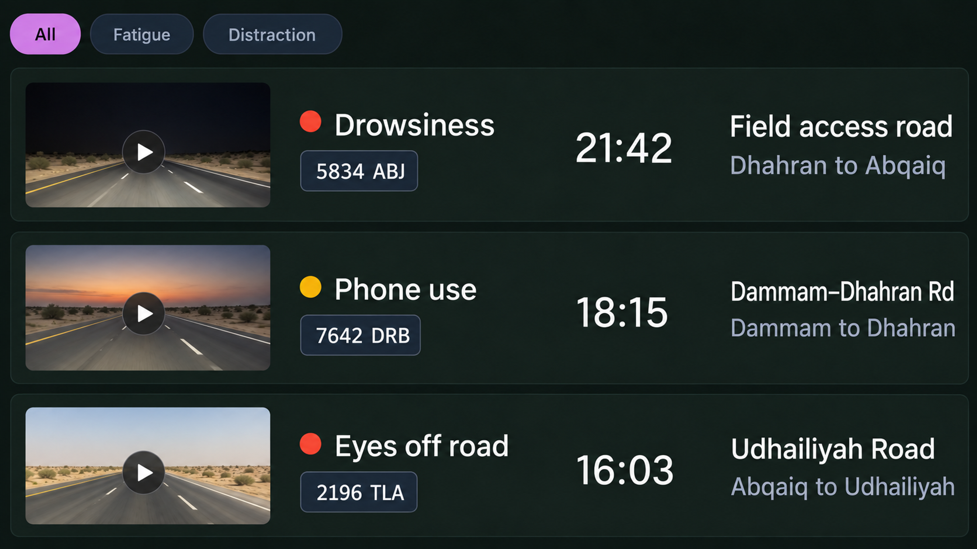 Risk view: fatigue and distraction detections listed with the vehicle and the road segment.