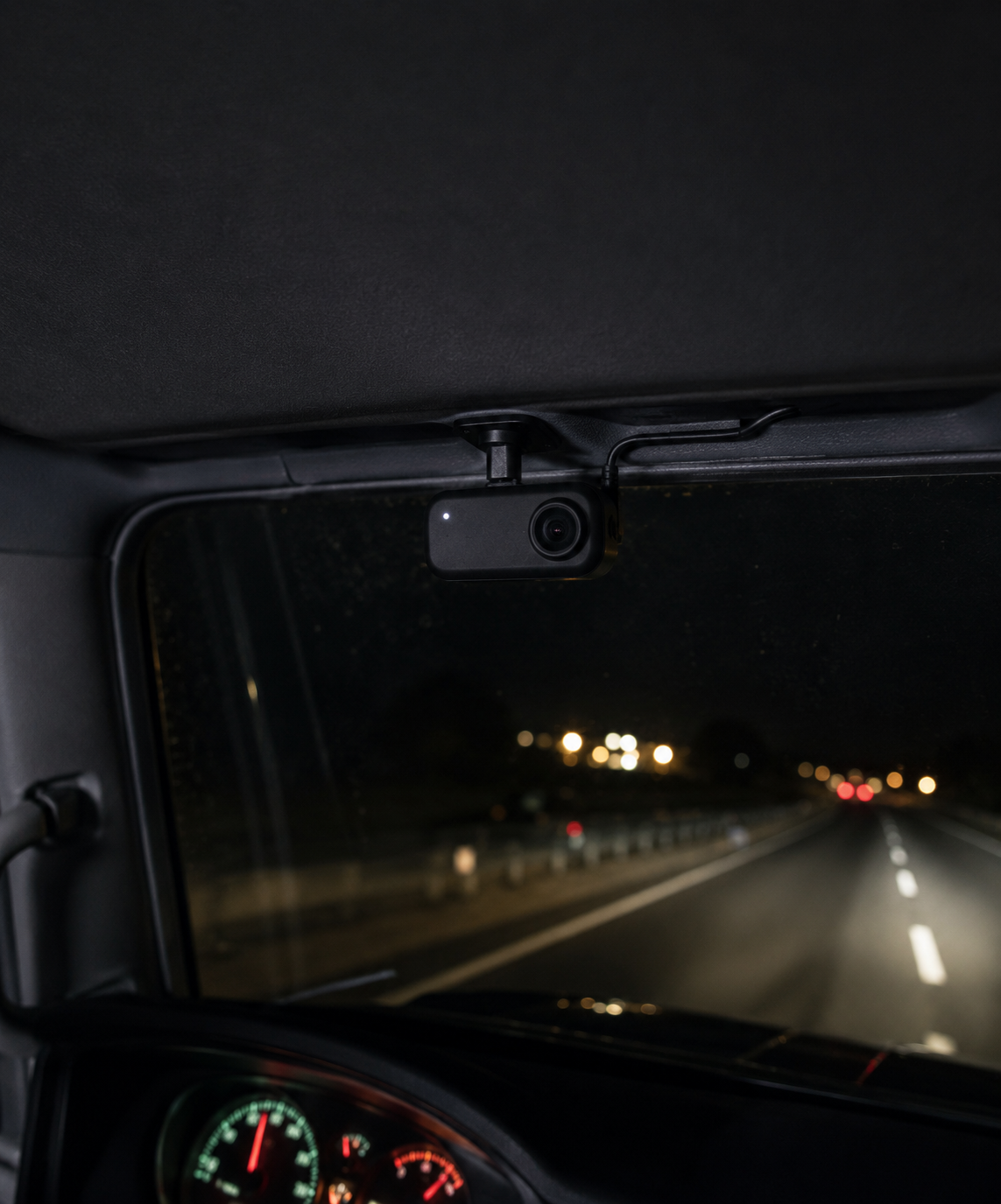 Photograph: a cab interior at night with the camera mounted at the screen. Dark and cool, room at the top, no text in the artwork.