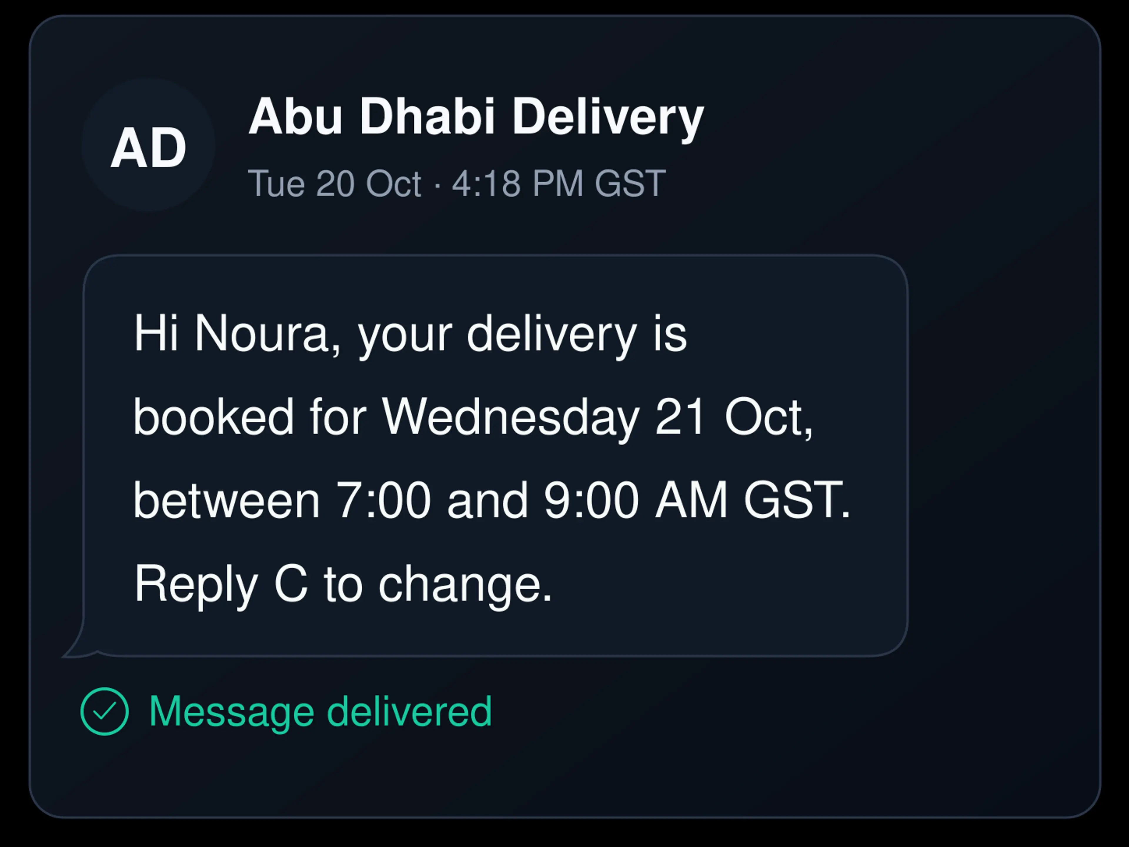 Delivery window message on a handset. 4:3.