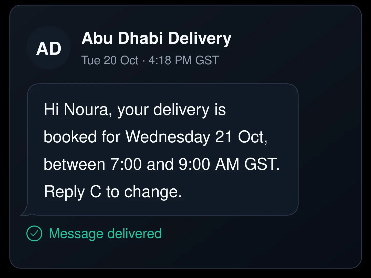 Delivery window message on a handset. 4:3.