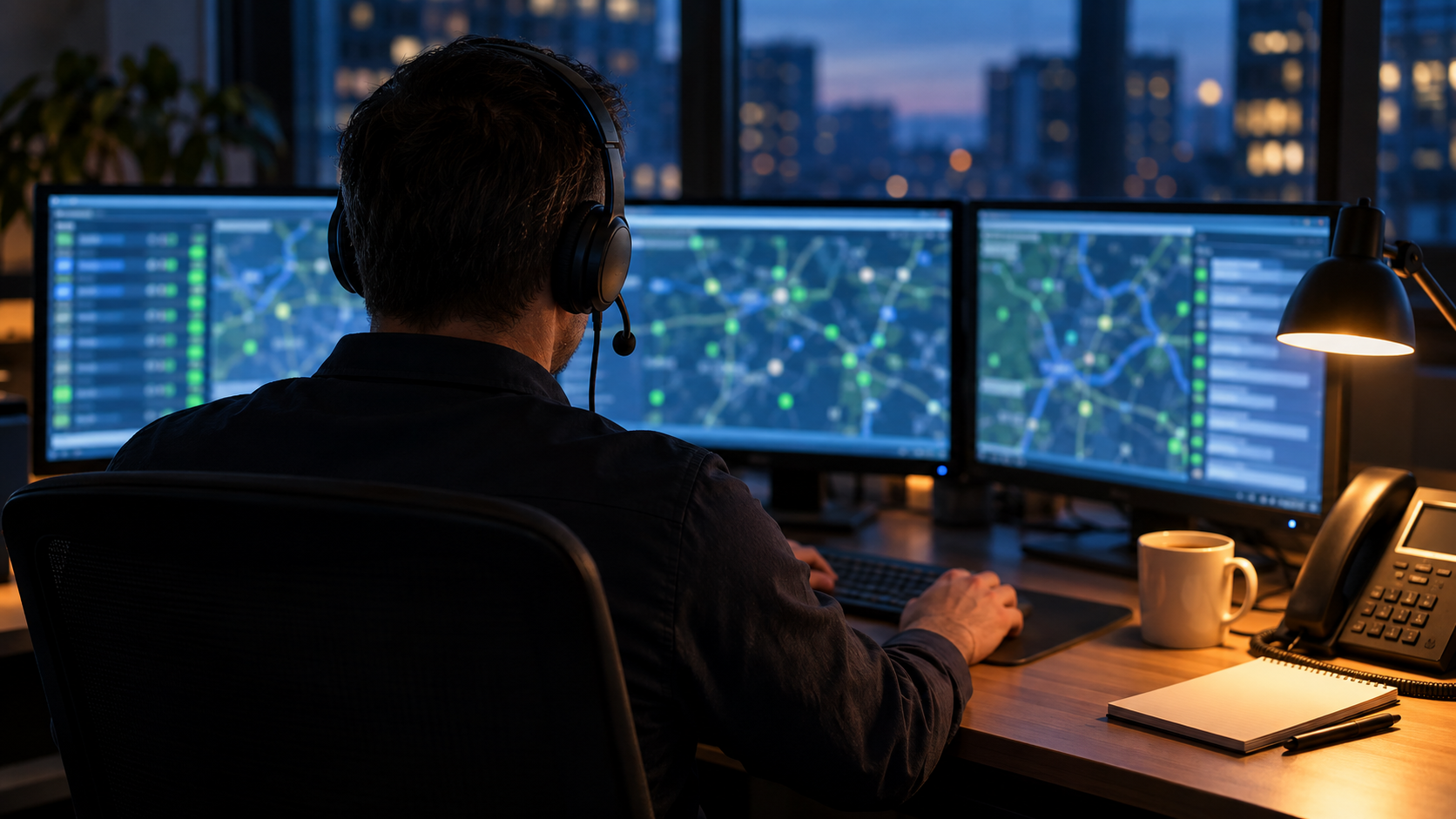 Editorial image: a dispatch desk at dusk, screens glowing. No text in the artwork.
