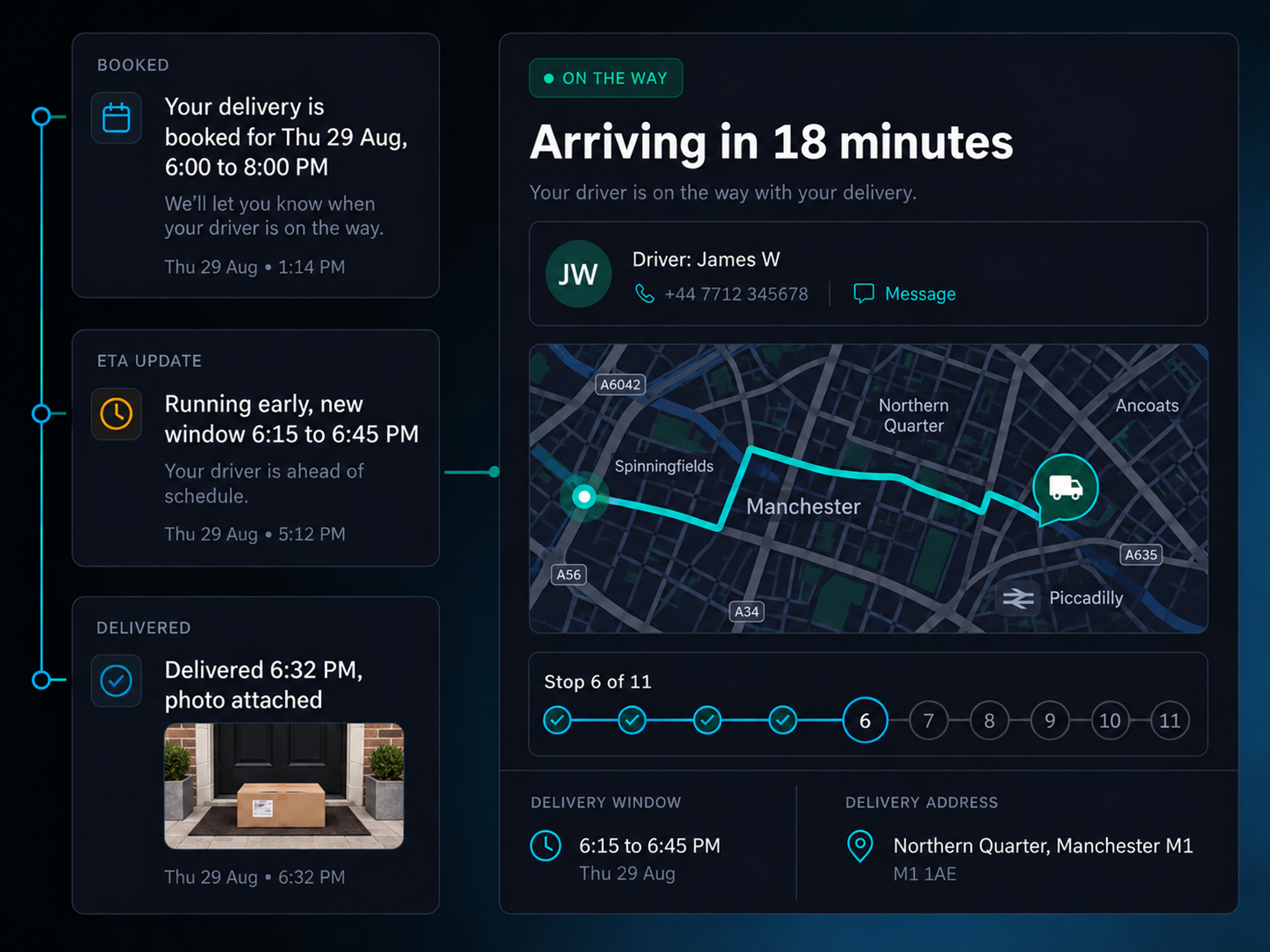The customer notification journey: the delivery window message, the branded tracking page with its estimated arrival and driver card, the ETA update message and the completion confirmation with proof. 16:10, 2560x1600.