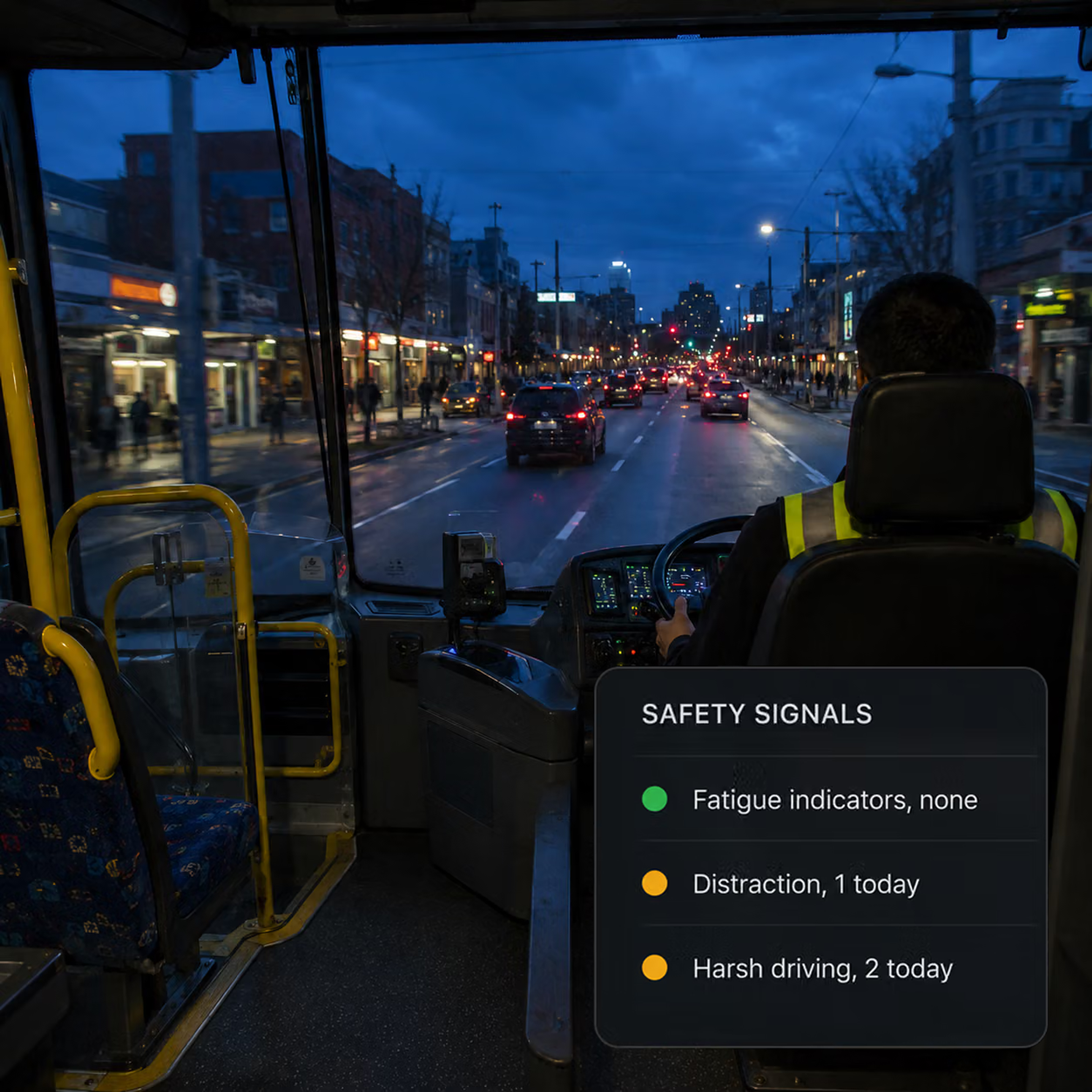 Safety signals view: fatigue, distraction and harsh driving indicators as they surface.
