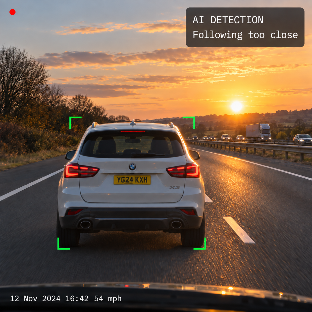 Road-facing camera frame with an AI detection box drawn on a following vehicle.