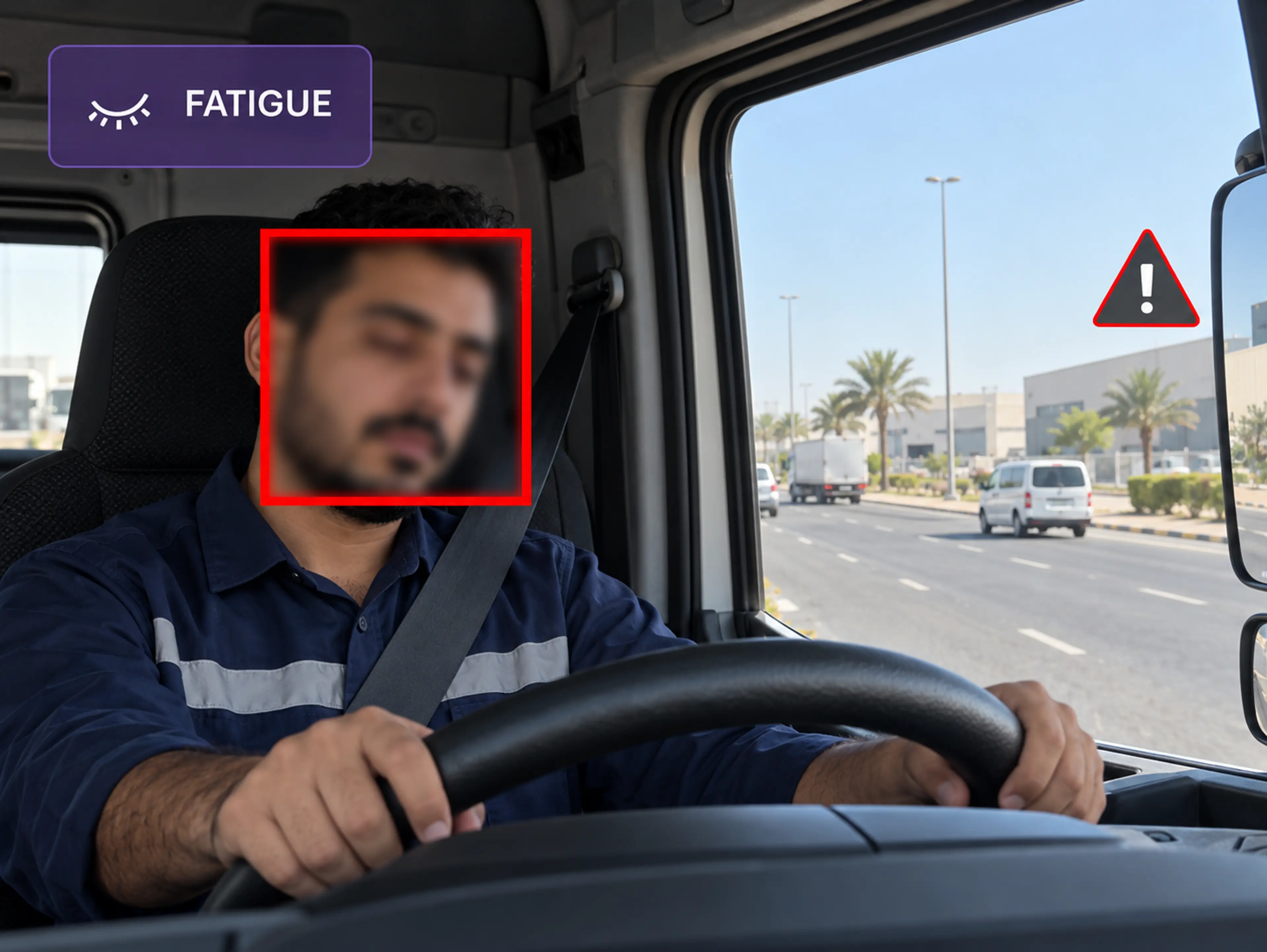 Vision360 fatigue detection: driver-facing frame with the fatigue indicators and the alert raised.