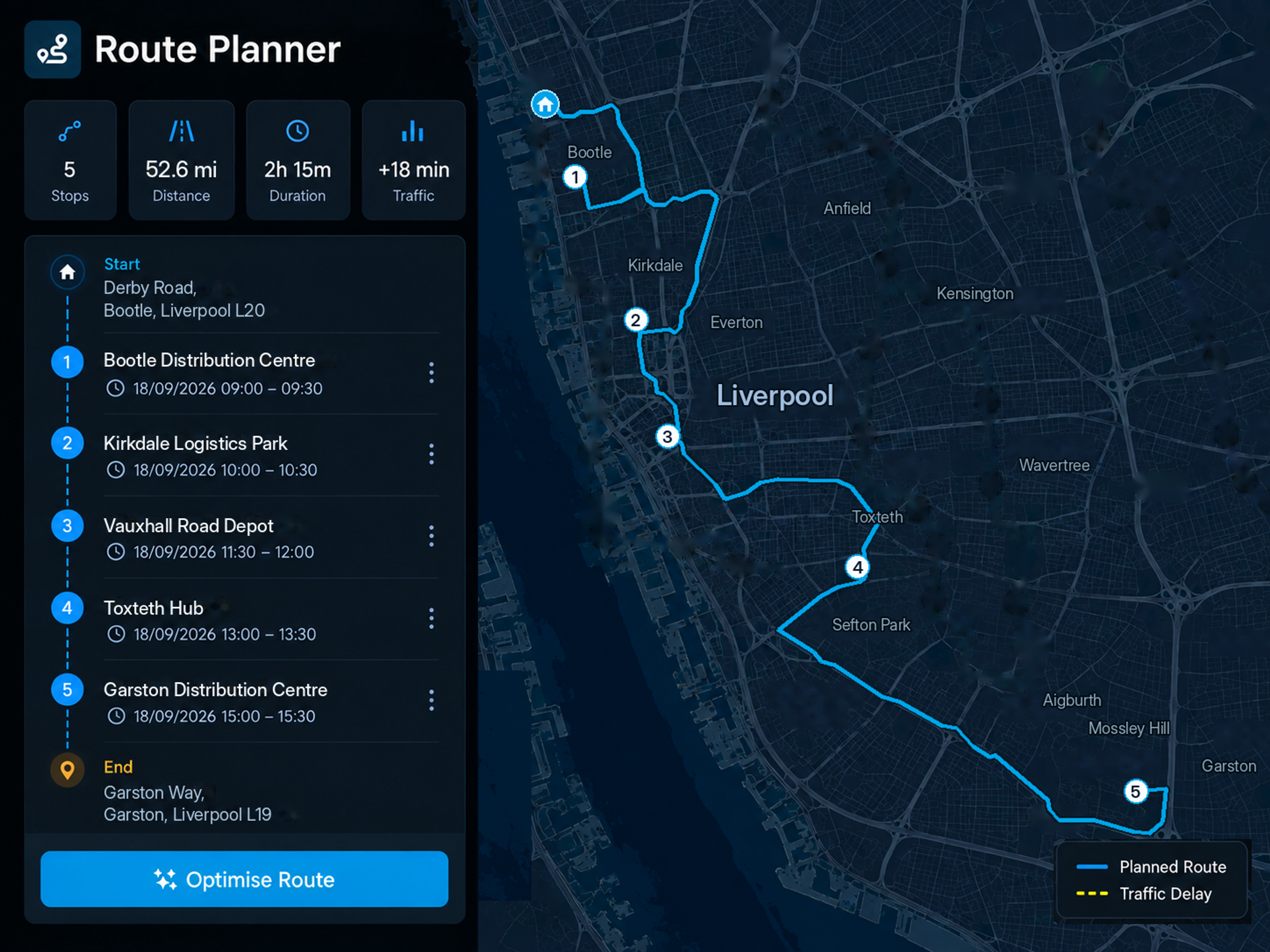 Route planner building a multi-stop run, with time windows and vehicle capacity applied