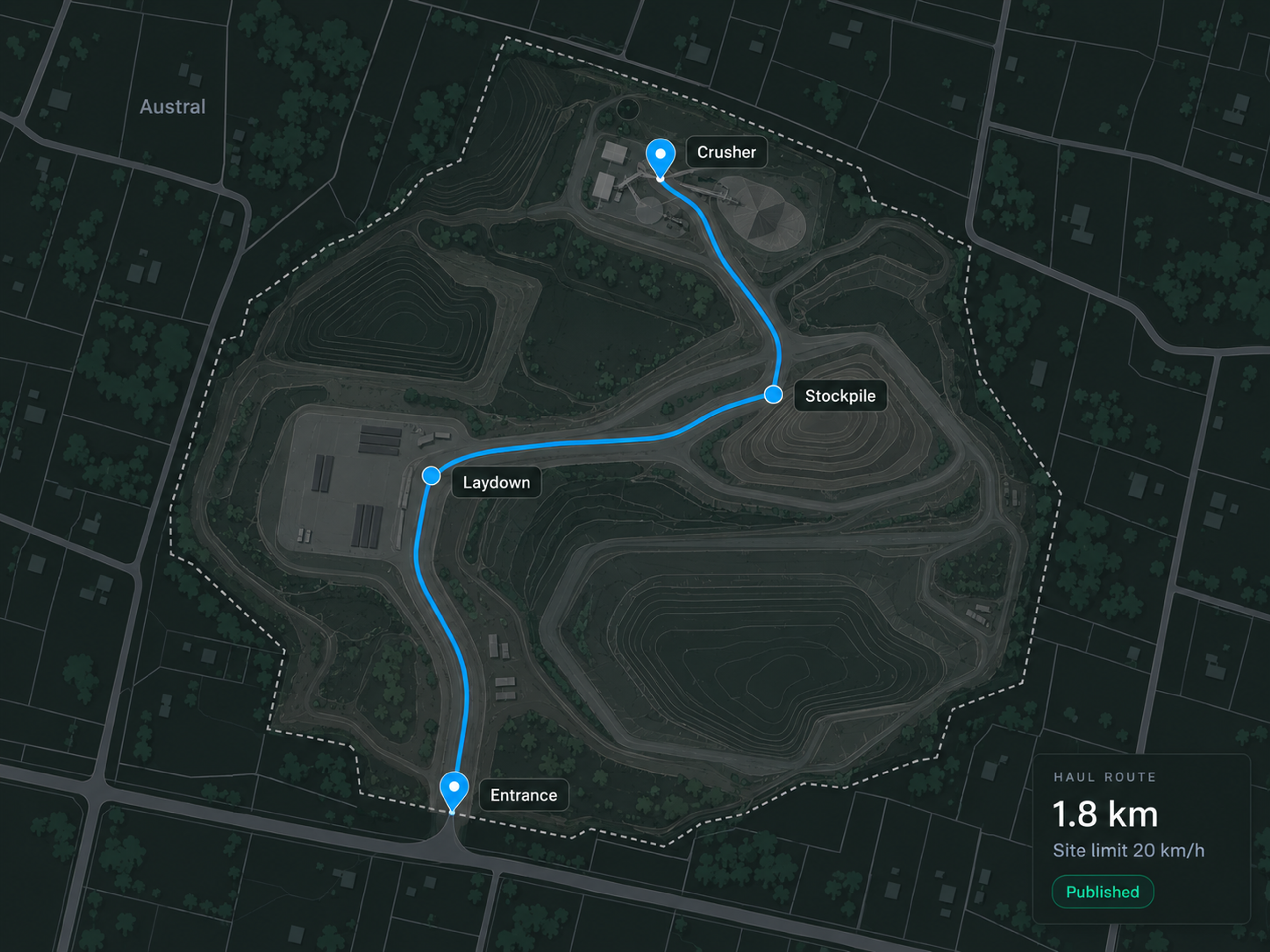 Route360 site planning: an internal haul route across a site with entrance, stockpile, crusher and laydown marked.