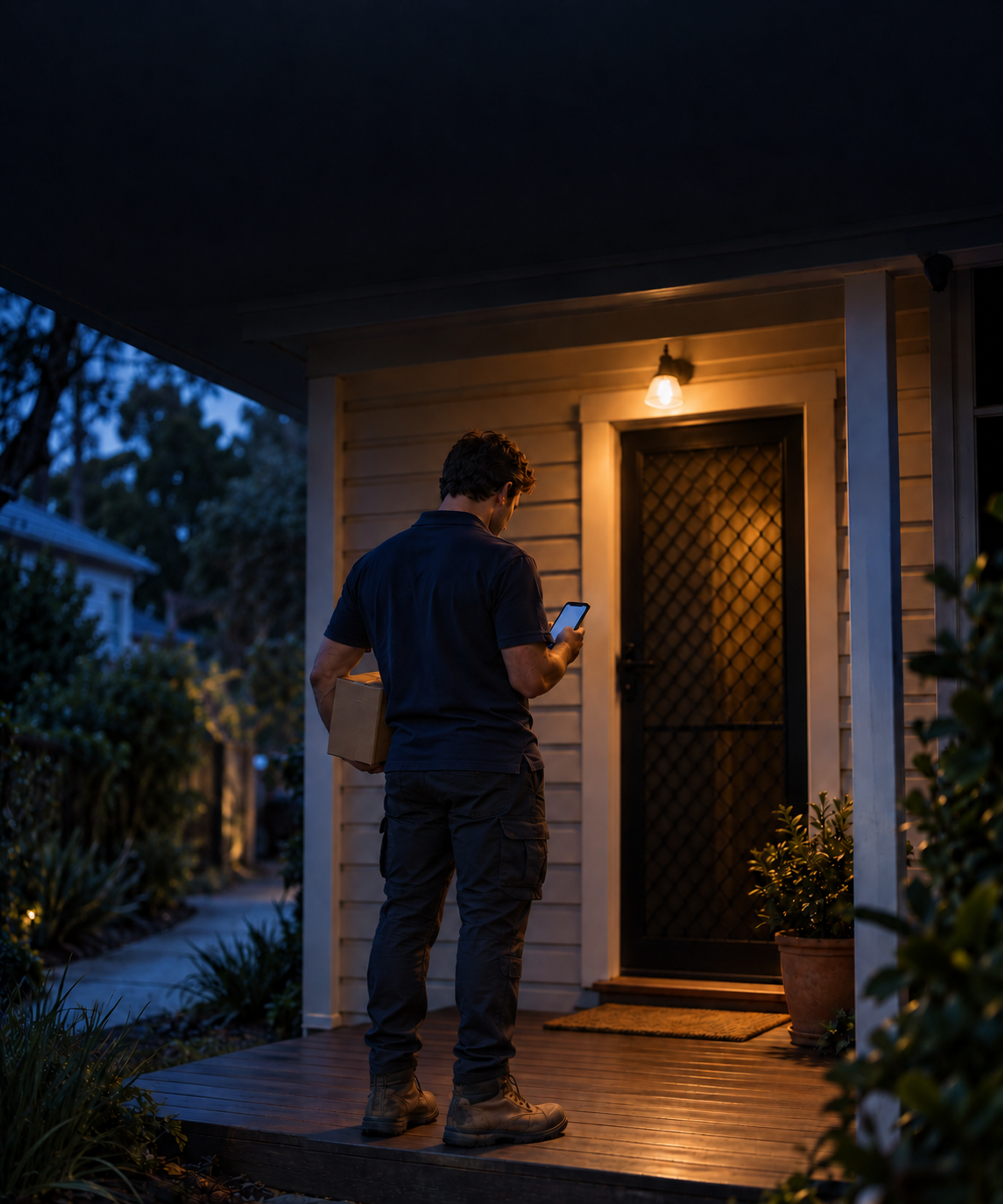 Photograph: a courier at a doorstep at dusk with a handset. Dark and cool, room at the top, no text in the artwork.
