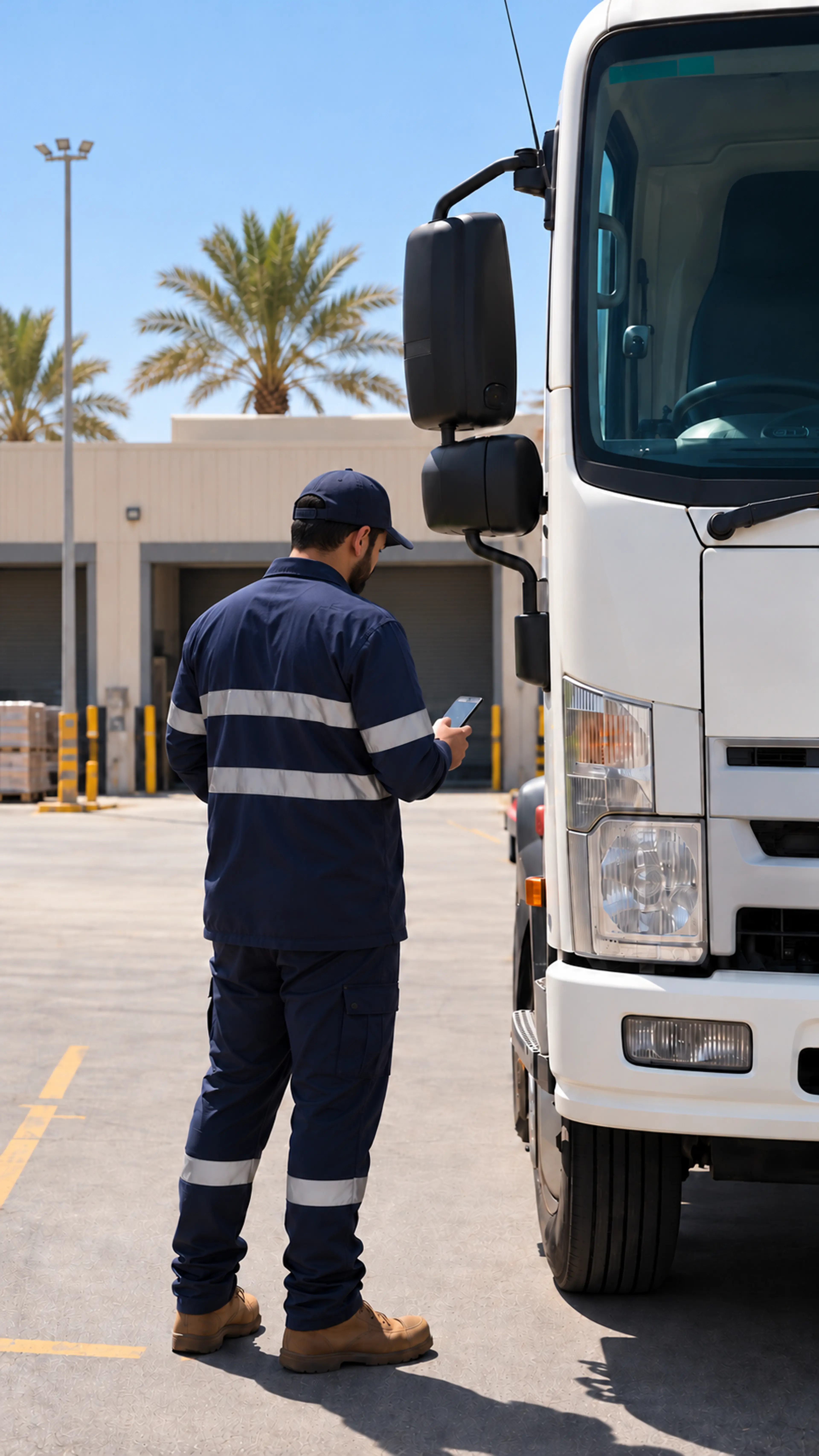 Driver in hi-vis workwear completing a pre-start check on his phone beside a truck at a UAE depot