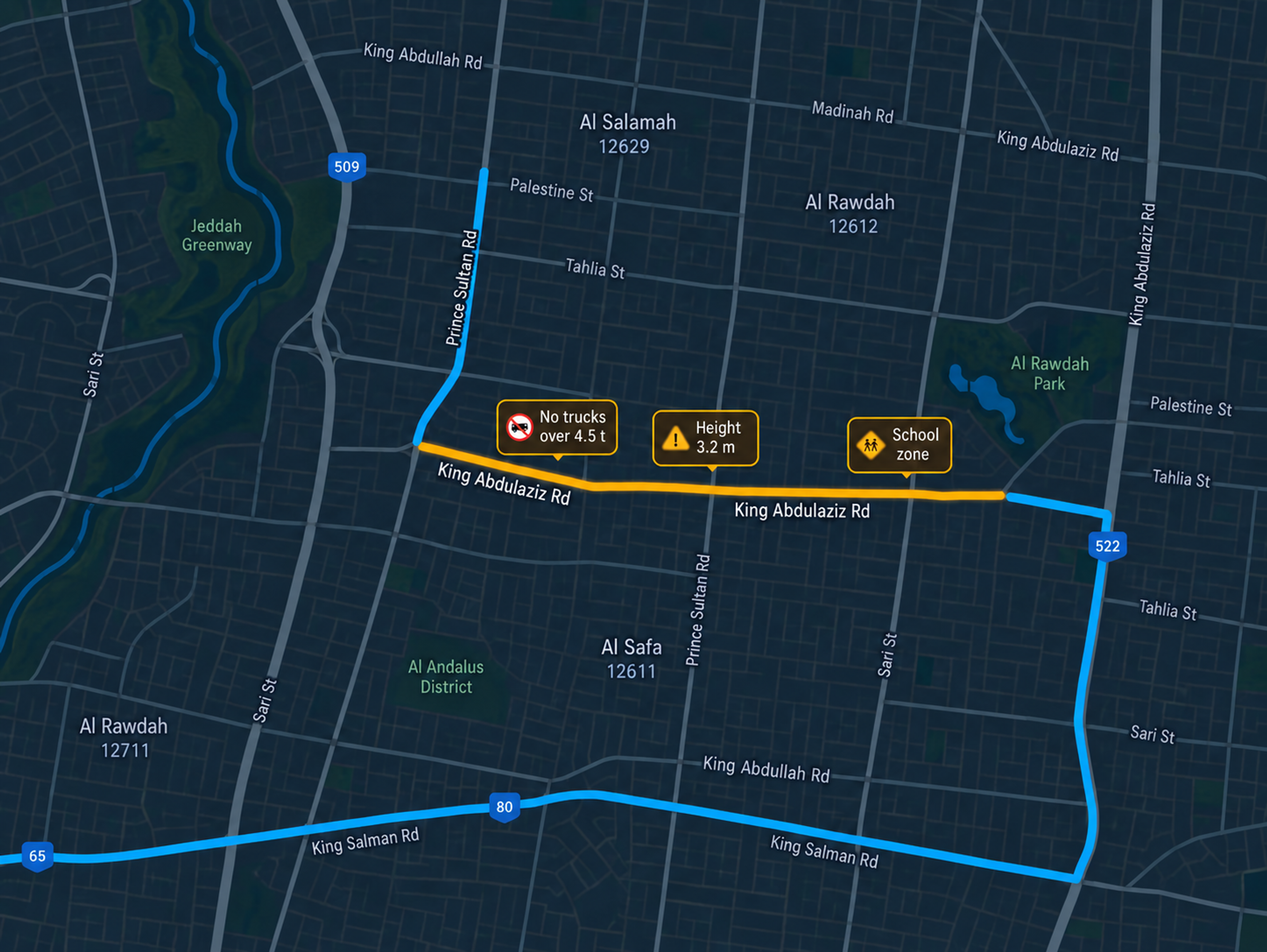 Access restriction indicators on a route segment. 4:3.