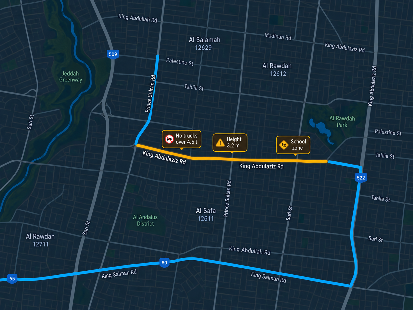 Access restriction indicators on a route segment. 4:3.