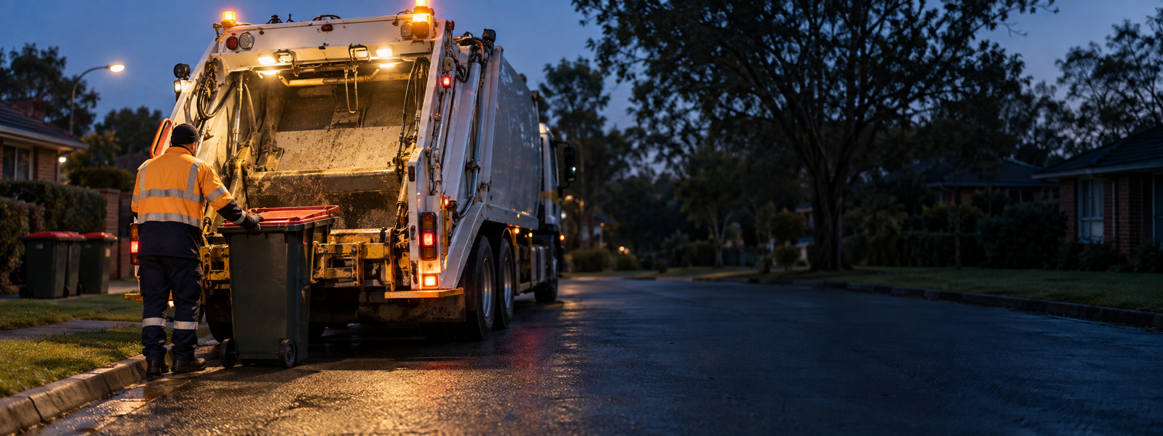 A rear-loader refuse truck working a suburban street in morning light, crew member at the bin. Dark and cool enough for a panel to sit over the right third. No visible manufacturer badge, no text in the artwork. 2400x900.