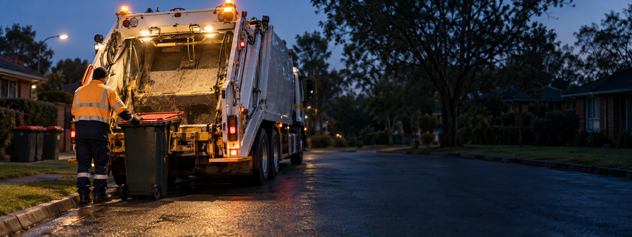 A rear-loader refuse truck working a suburban street in morning light, crew member at the bin. Dark and cool enough for a panel to sit over the right third. No visible manufacturer badge, no text in the artwork. 2400x900.
