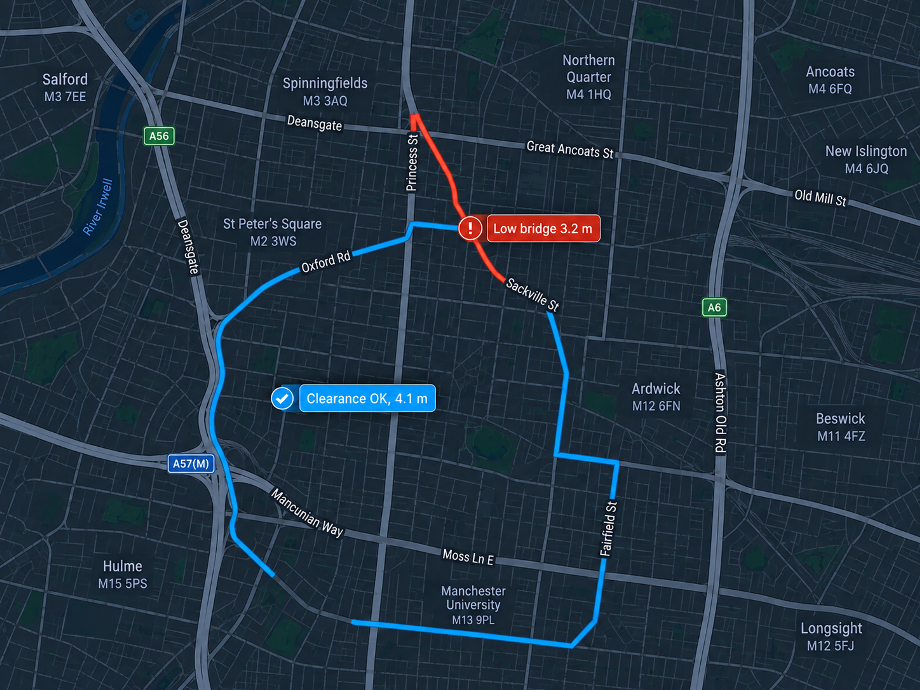 A coach route drawn on the map with a low-bridge warning at 3.2 m rejected and a compliant alternative selected. 16:9.