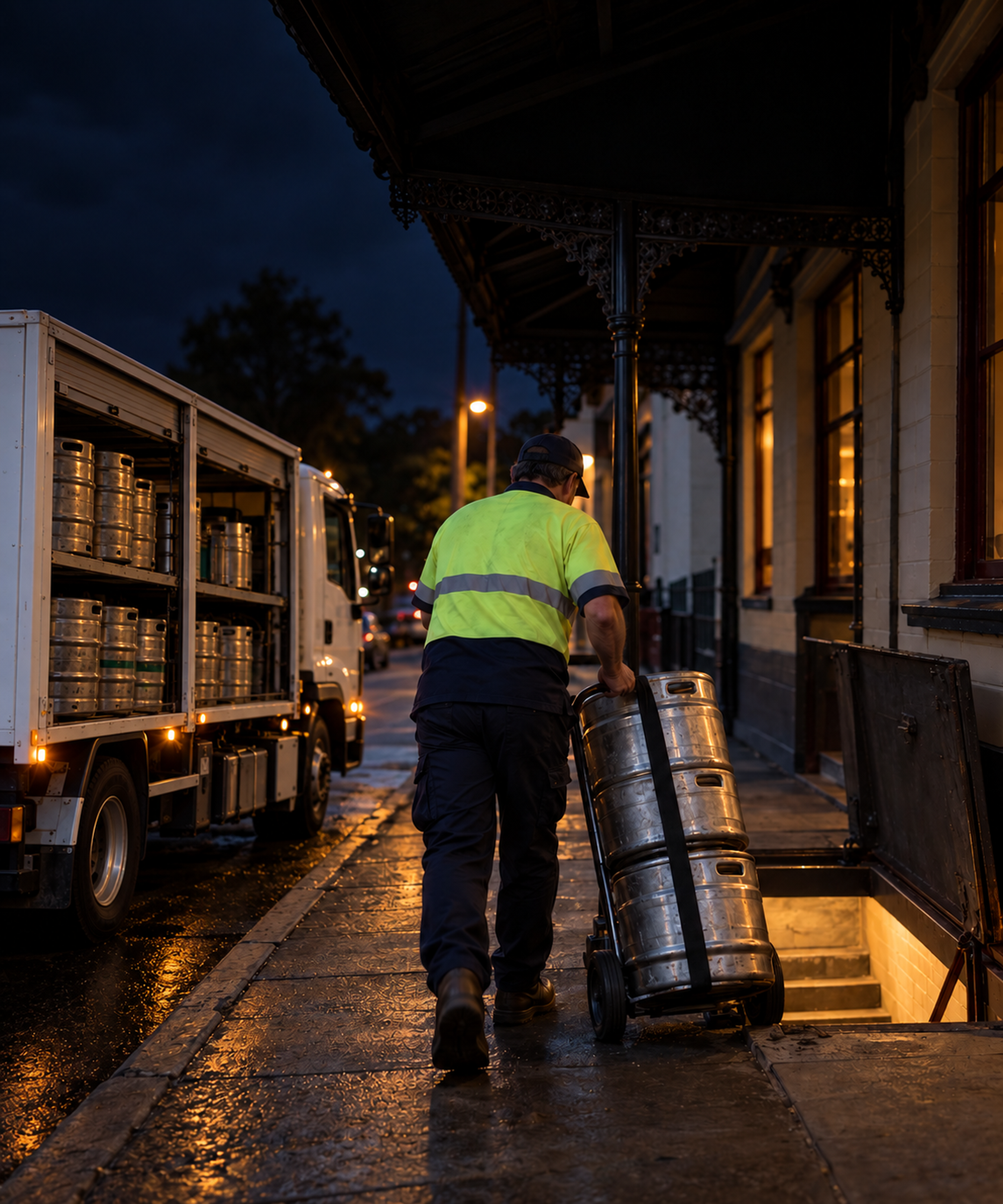 Photograph: a beverage delivery at a venue at dusk. Dark and cool, room at the top, no text in the artwork.